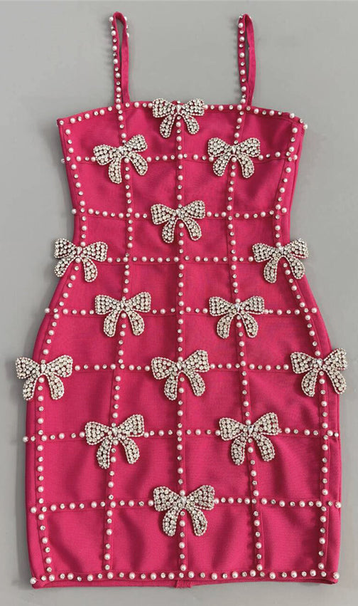 Karisse Showstopper Pink Diamante Bow Beaded Mini Dress