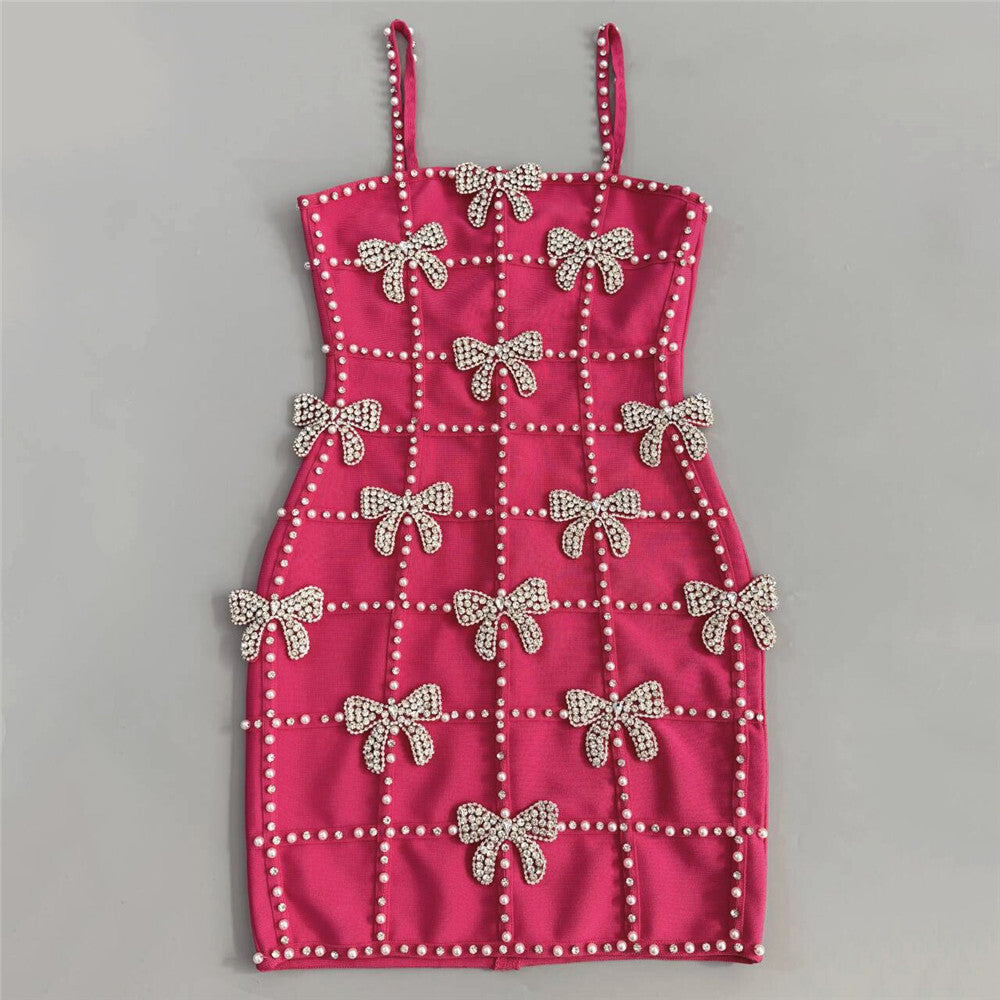 Karisse Showstopper Pink Diamante Bow Beaded Mini Dress
