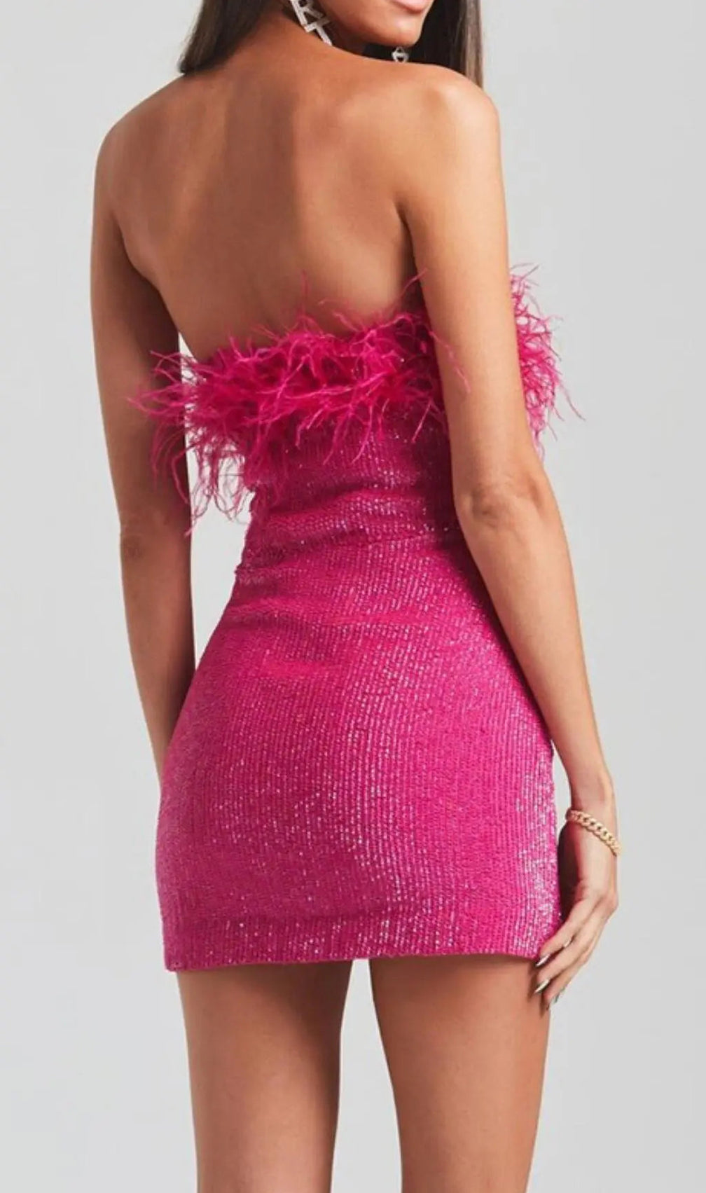 Sequin Feather Strapless Mini Dress In Hot Pink