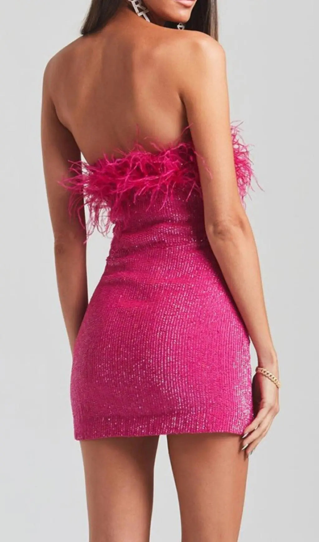 Sequin Feather Strapless Mini Dress In Hot Pink