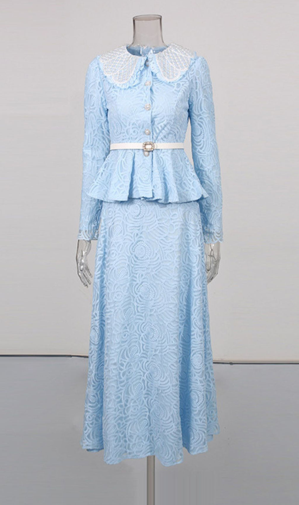 Ilona Blue Elegant Floral Lace Peplum Two-Piece Skirt Set