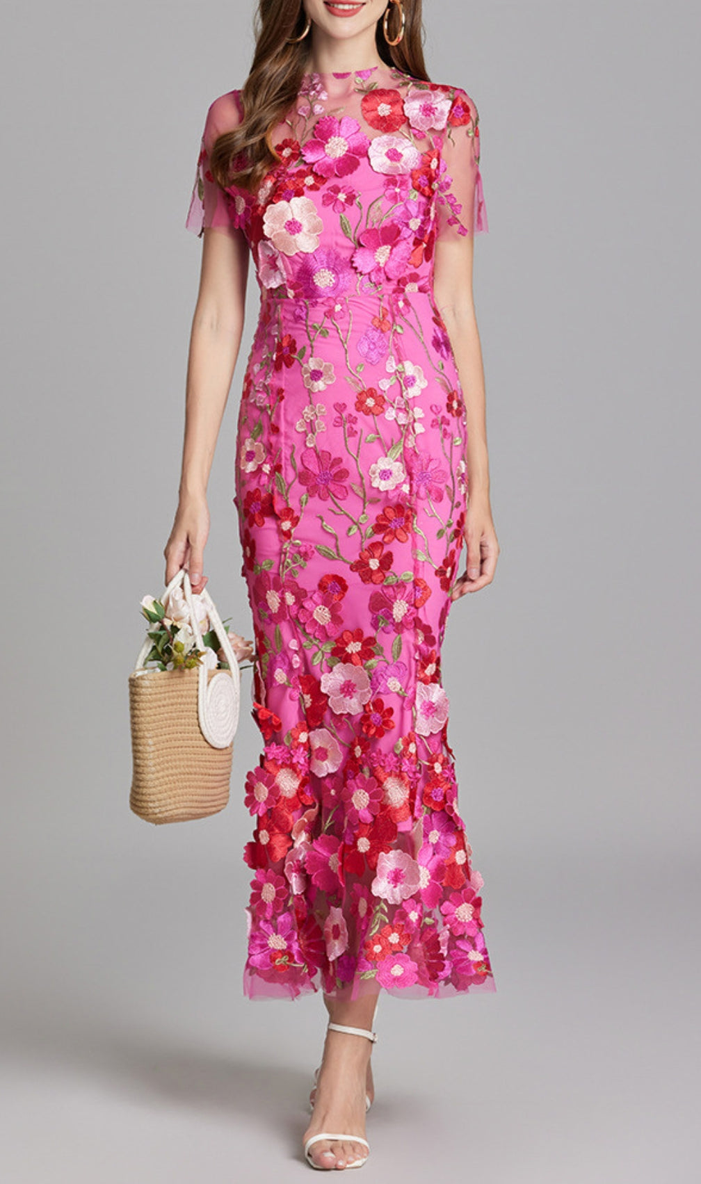 Carol Rose Red Floral Embroidery Mesh Fishtail Midi Dress