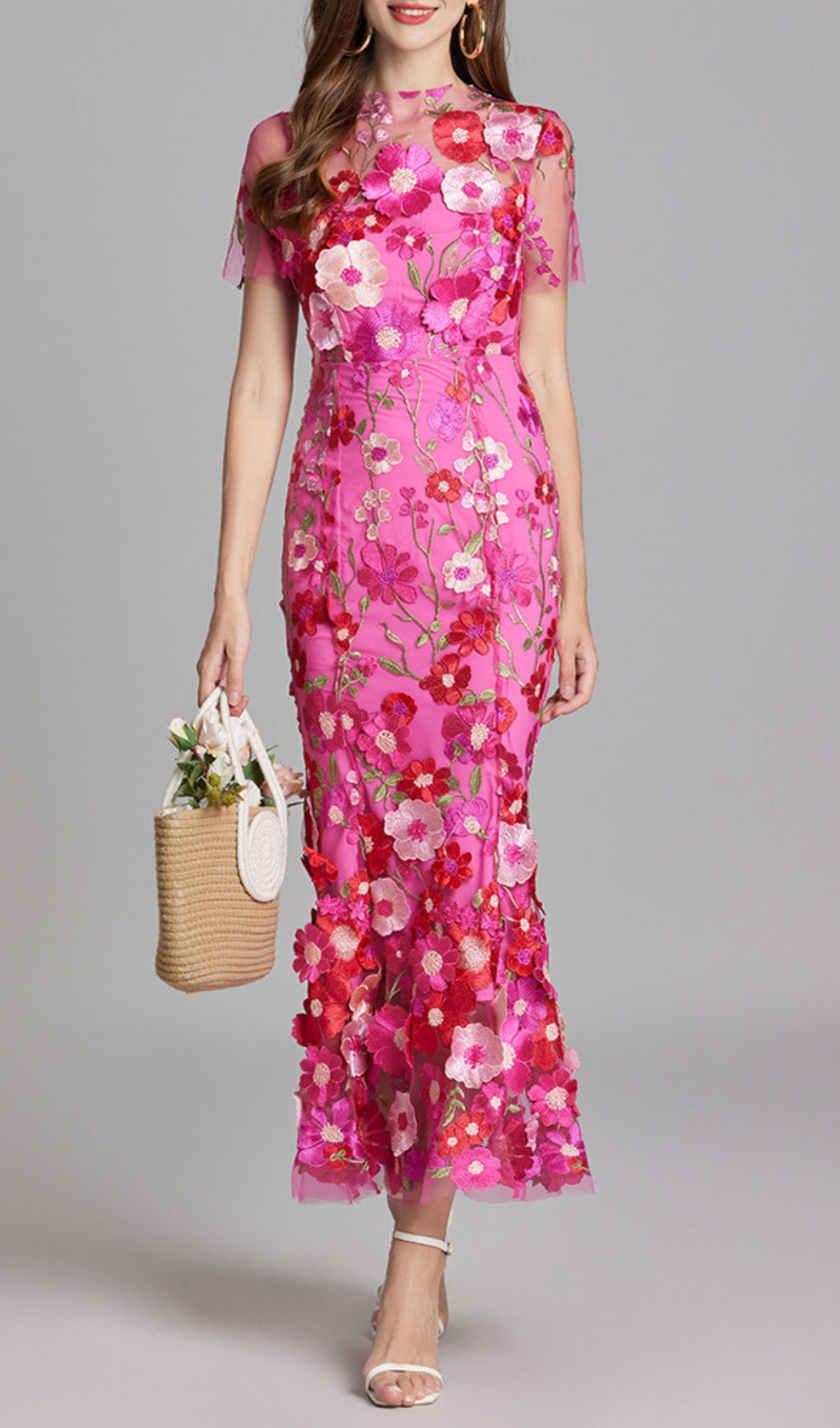 Carol Rose Red Floral Embroidery Mesh Fishtail Midi Dress
