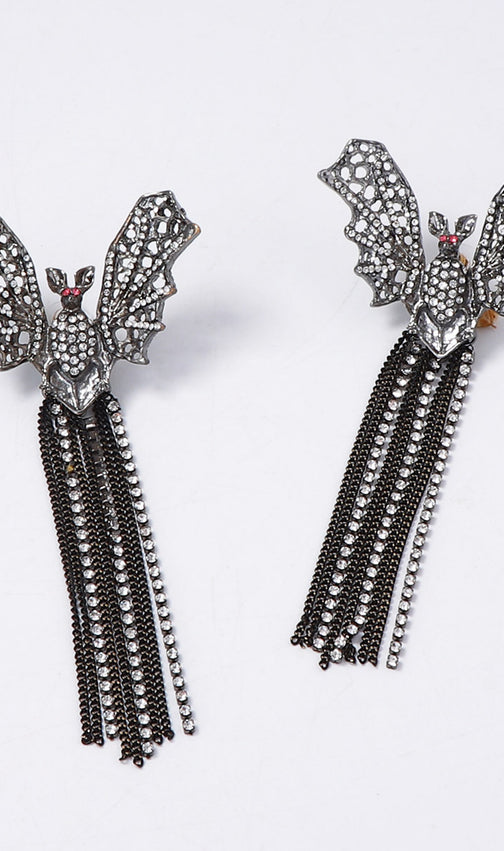 Junia Gothic Bat Tassel Earrings | Sparkling Crystal Statement Dangles for Women