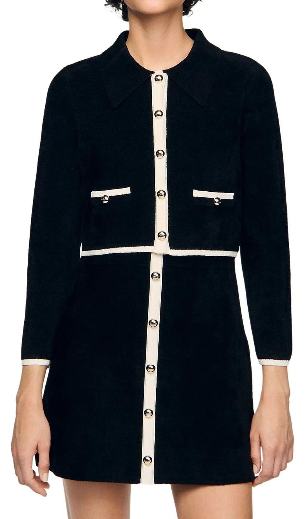 Jenne Chic Two-Tone Knit Cardigan Top | Classic Black & Cream Trim