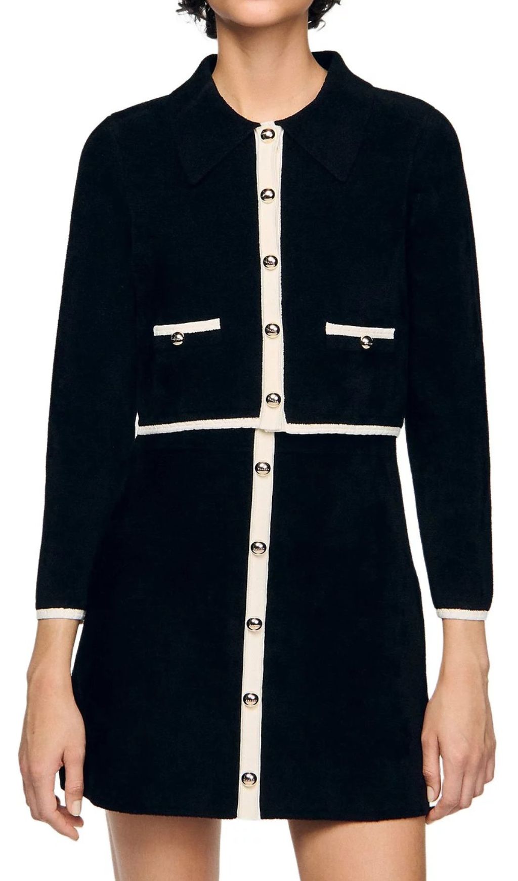 Jenne Chic Two-Tone Knit Cardigan Top | Classic Black & Cream Trim