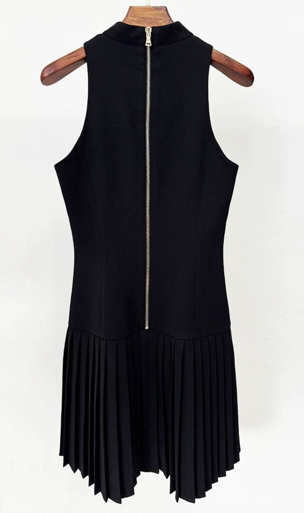 Kemi Black Mock Neck Pleated Mini Dress with Gold Buckle Detail