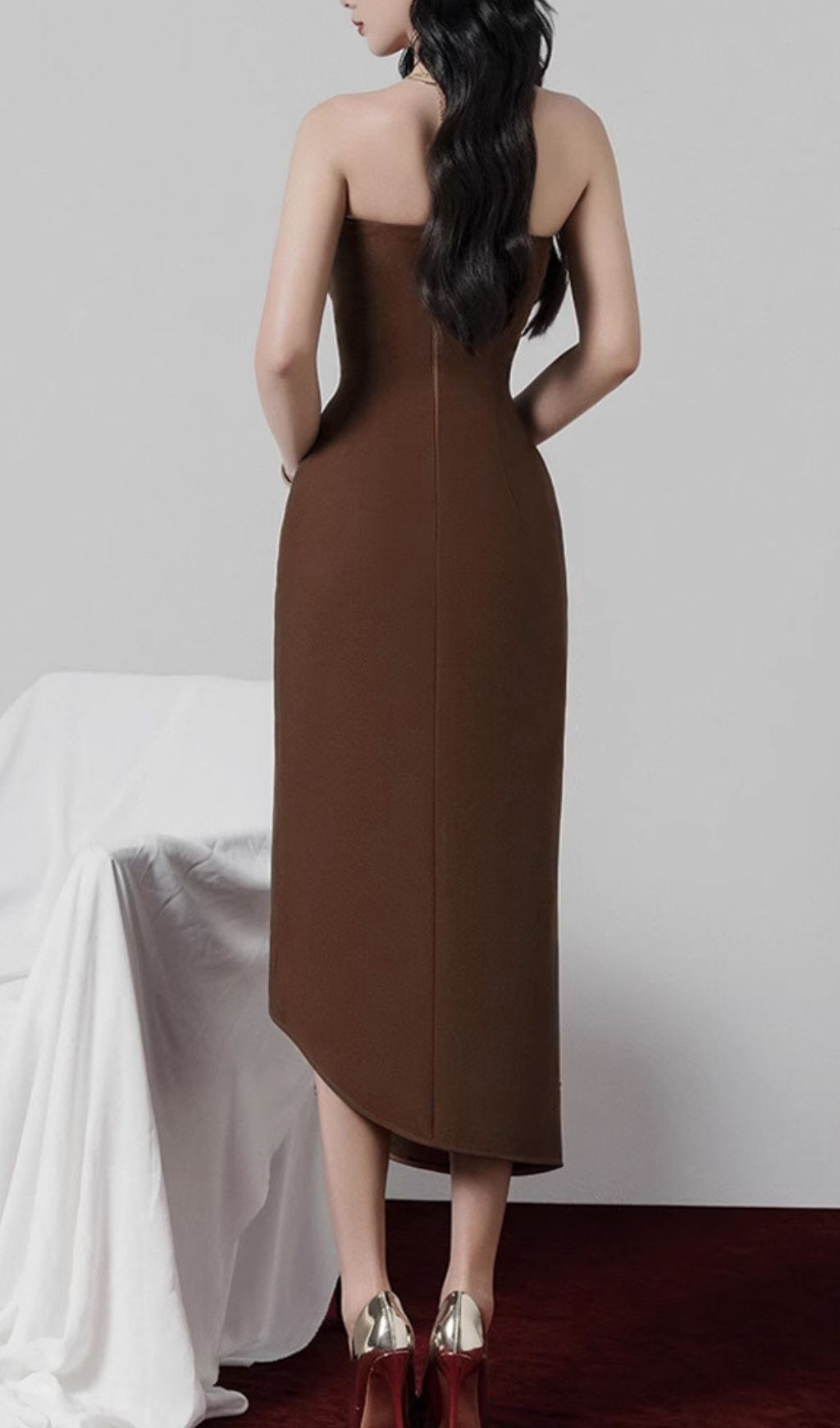 Gali Brown Strapless Irregular Midi Dress
