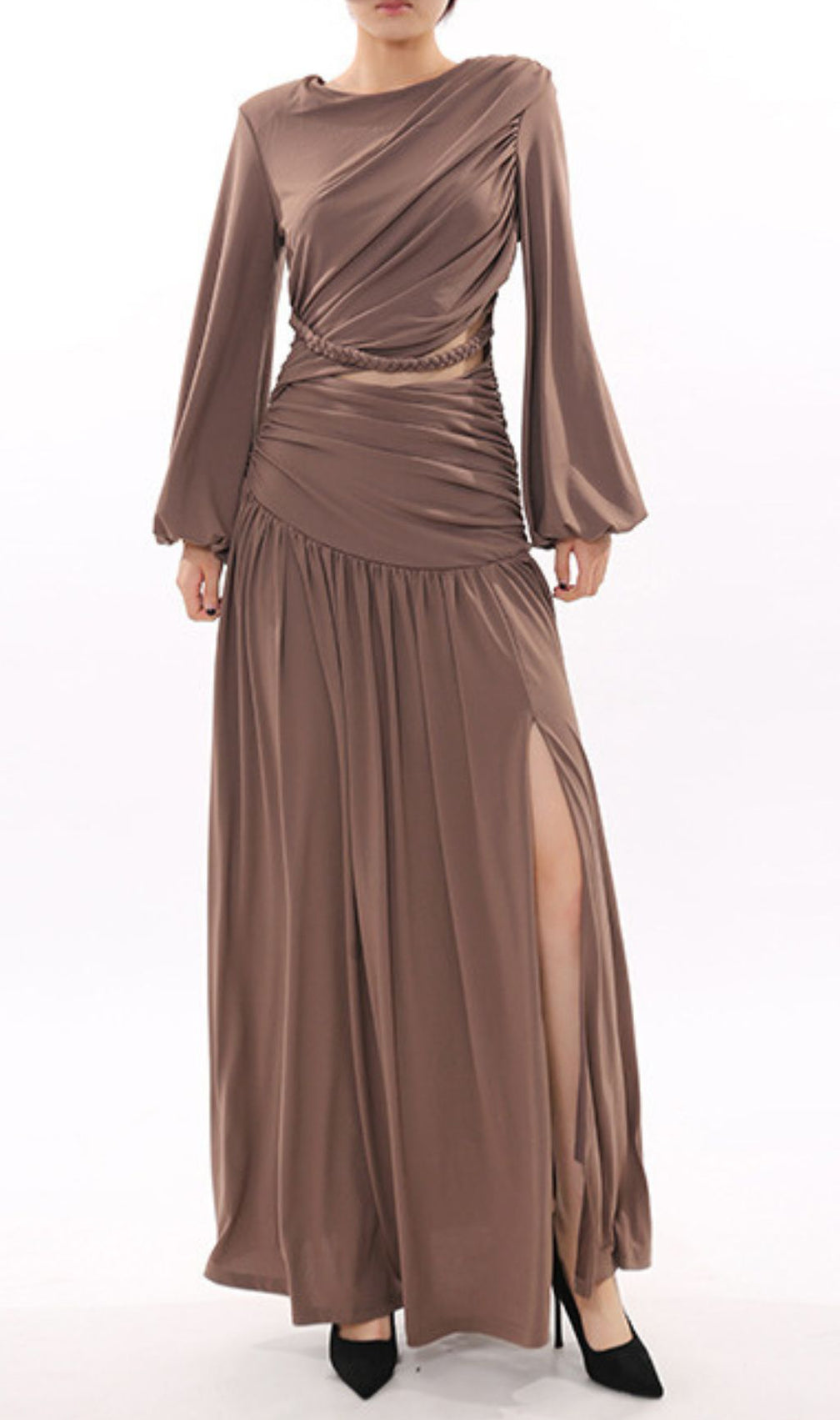 Ignacia Draped Long Sleeve Maxi Dress with Braided Waist Cutout - Elegant Event Gown