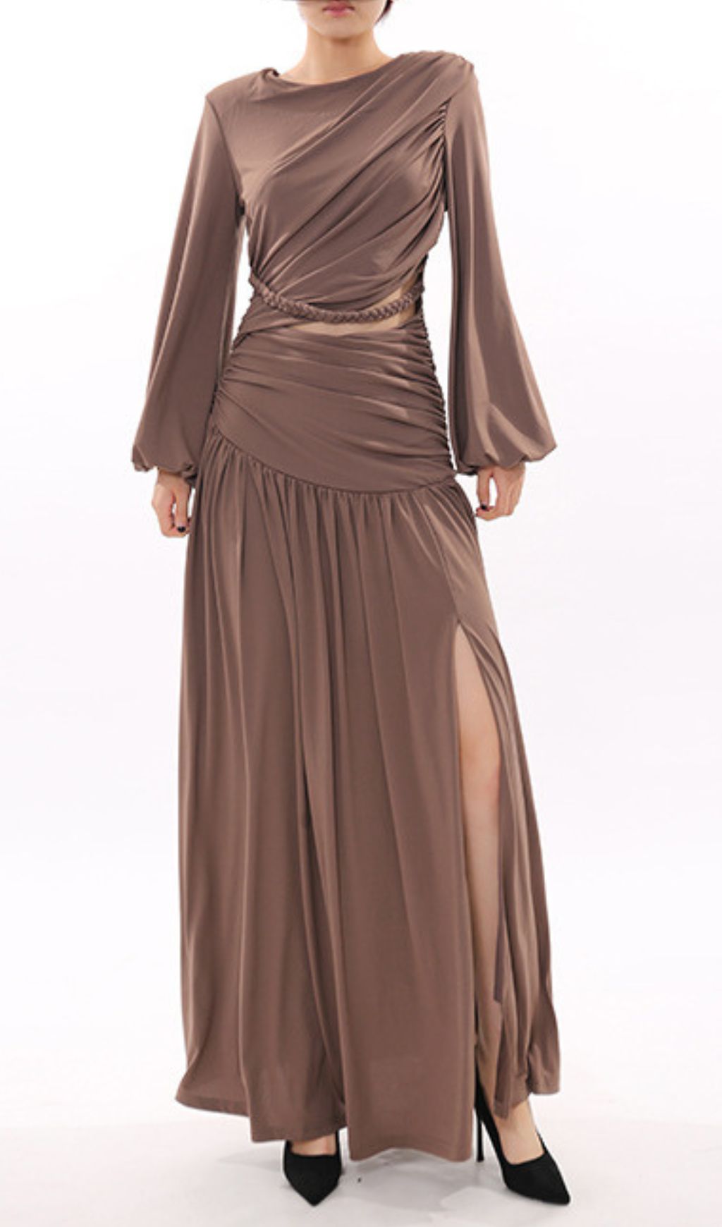 Ignacia Draped Long Sleeve Maxi Dress with Braided Waist Cutout - Elegant Event Gown