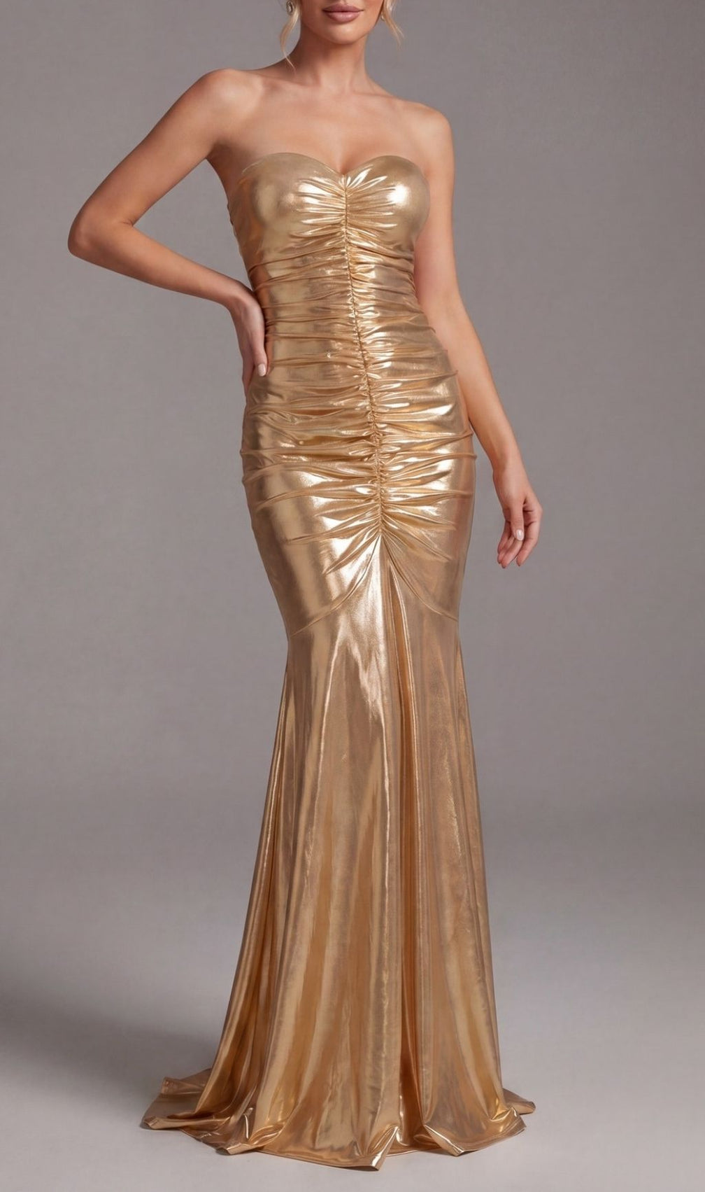 Khadijah Gold Strapless Ruched Maxi Dress - Your Red Carpet Moment Awaits