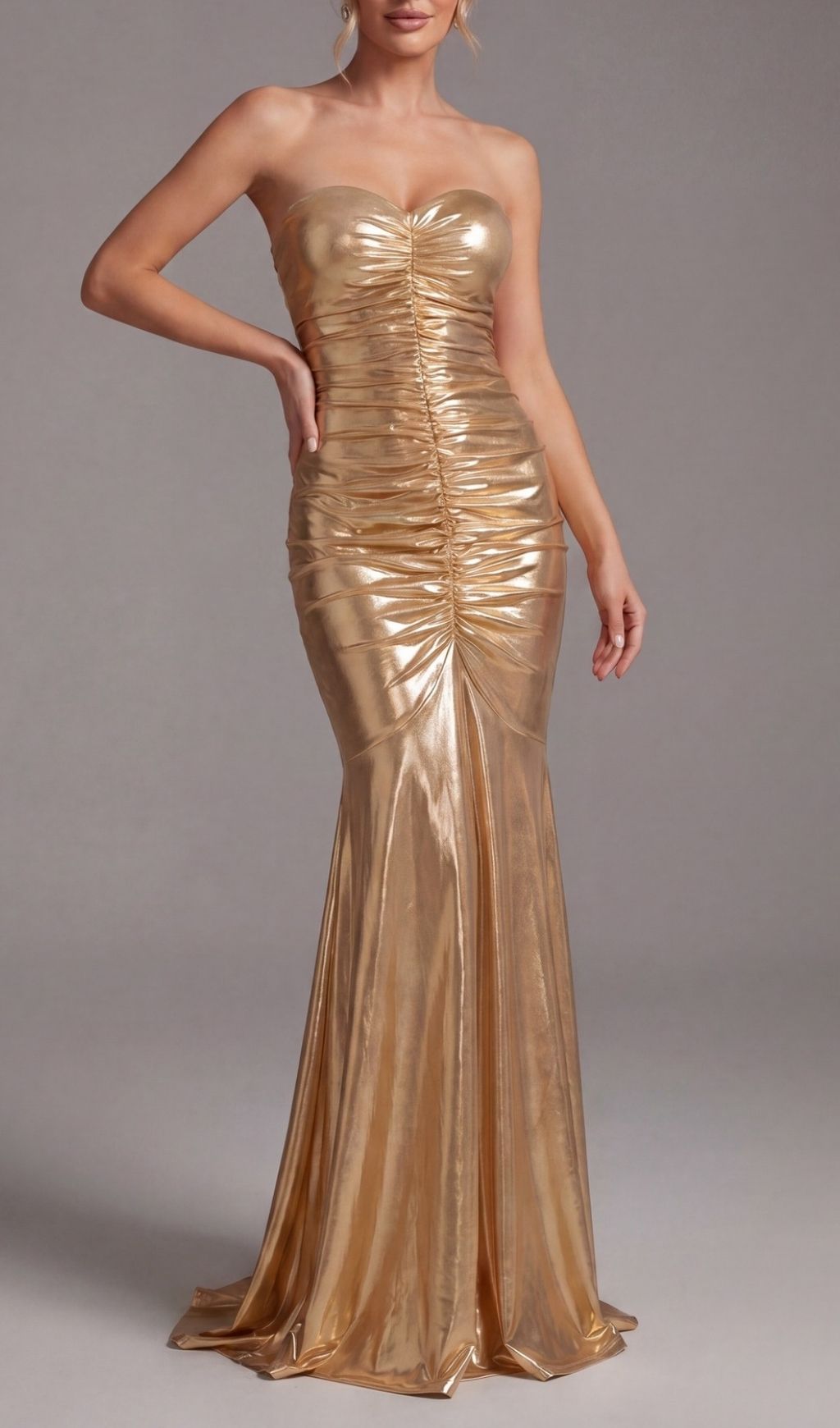 Khadijah Gold Strapless Ruched Maxi Dress - Your Red Carpet Moment Awaits