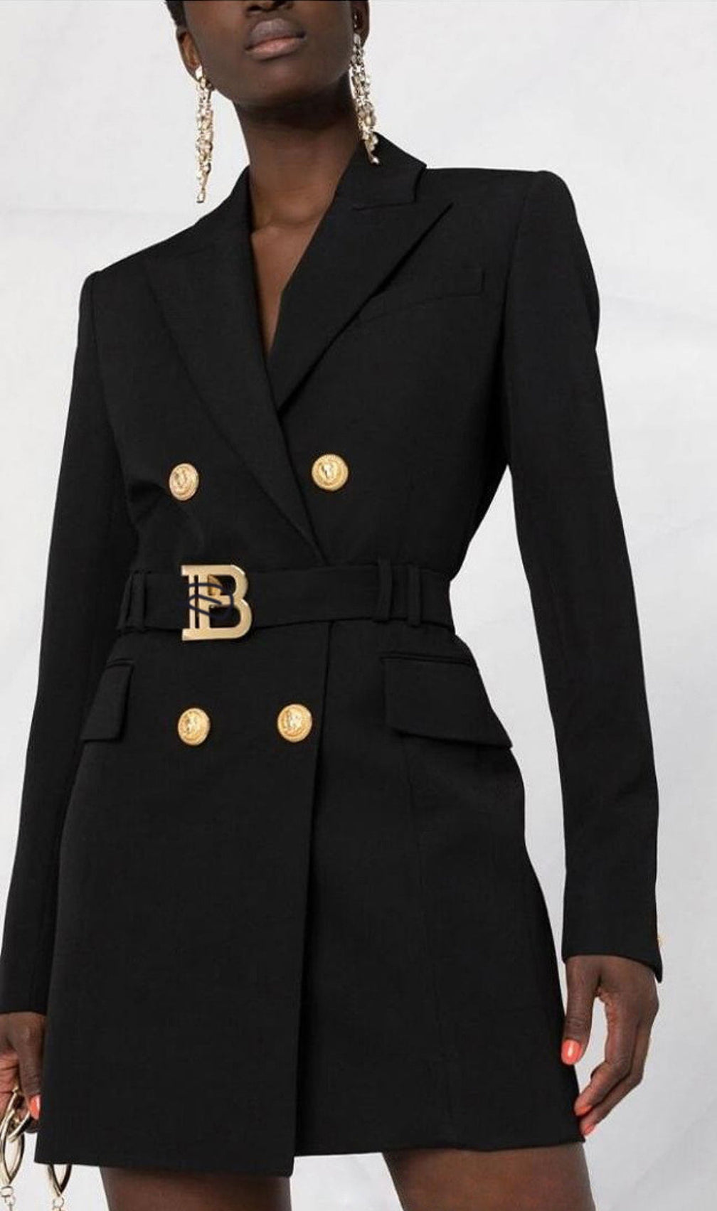 Aasia Black Belt Metal Button Mini Dress