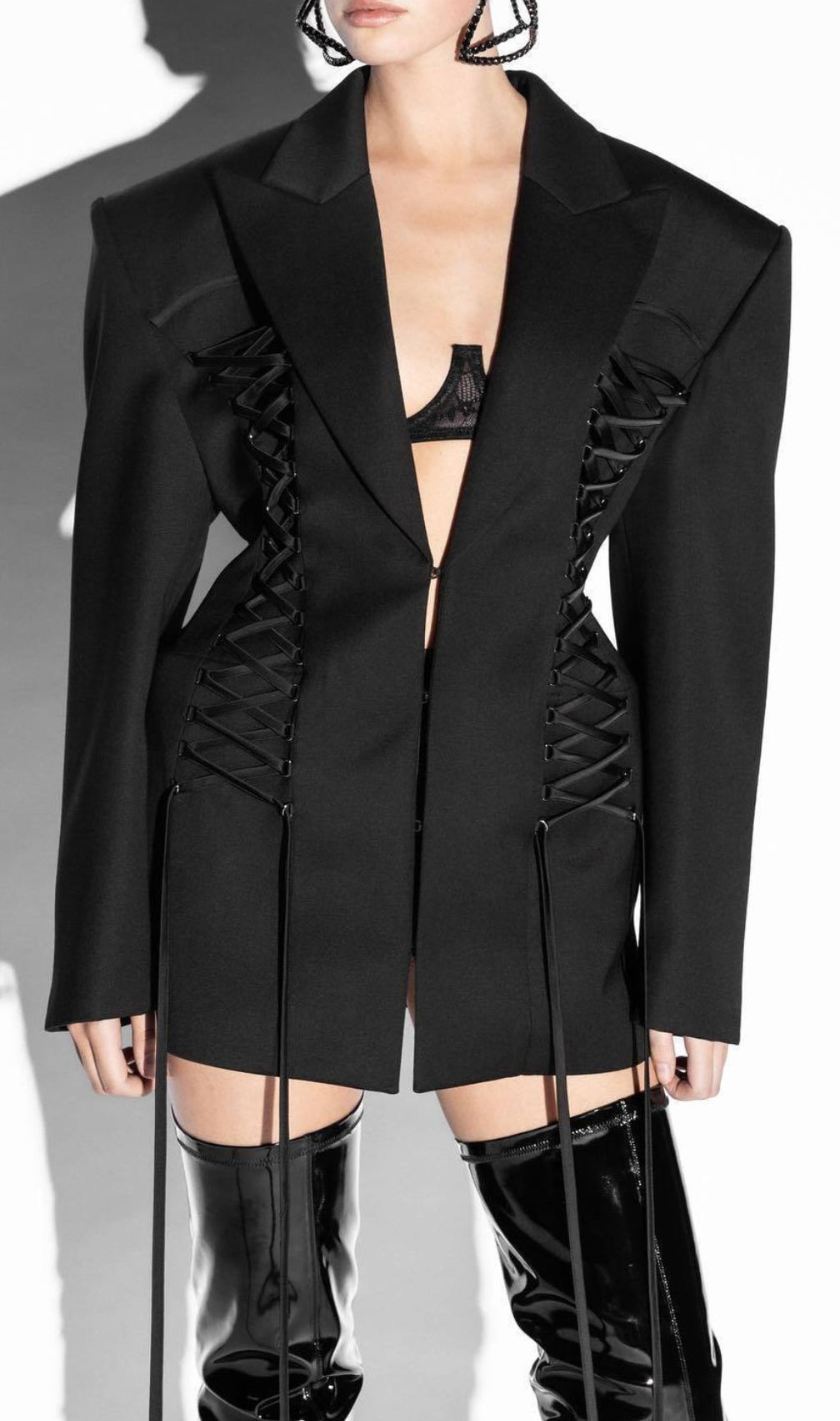 Ishan Black Lace-Up Blazer Dress | Daring Tailoring & Figure-Sculpting Style