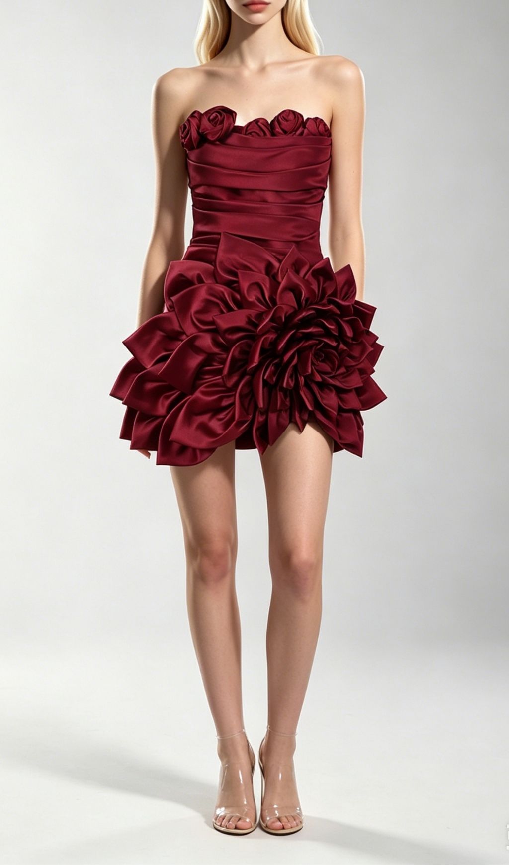 Korina Red Strapless 3D Flower Mini Dress
