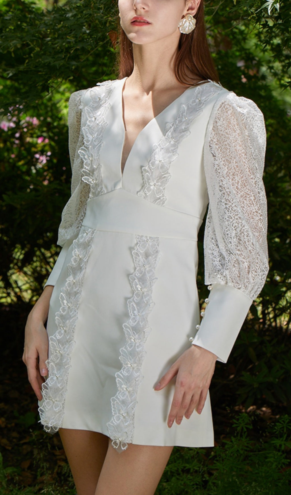 White Lace V-Neck Long-Sleeved Mini Dress