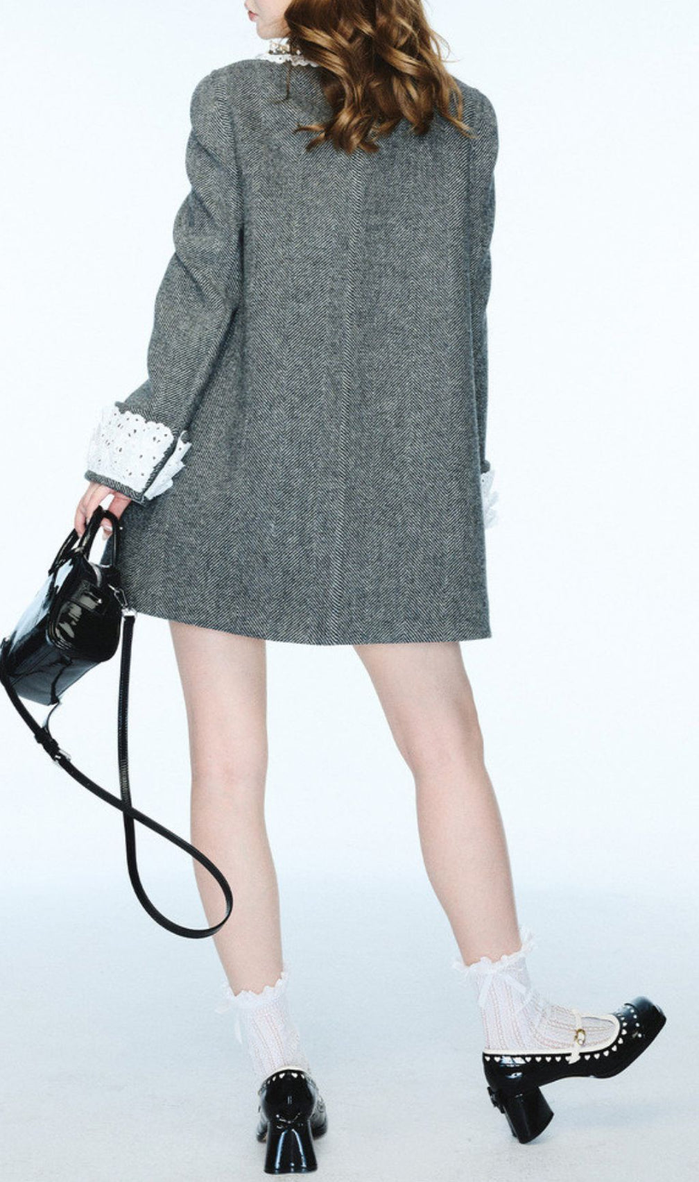 Ioan Chic Grey Patchwork Coat with Gold Buttons - Women's Herringbone Outerwear