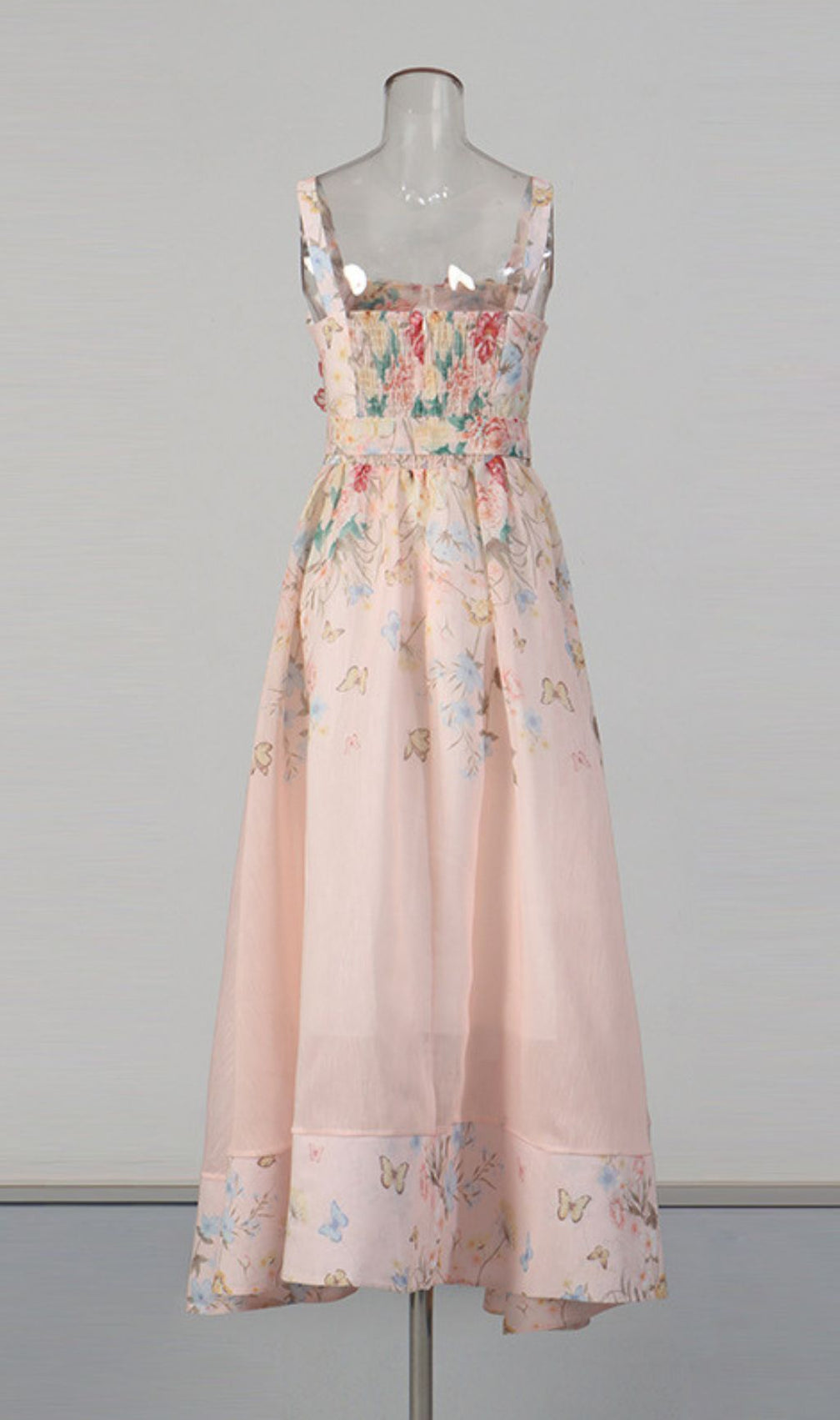 Kader Whimsical Pink Floral & Butterfly Maxi Dress - Romantic Tie-Waist Summer Gown