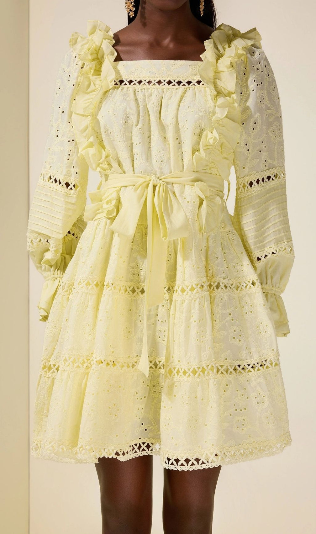 Victoria Embroidered Hollow Ruffle Mini Dress - Yellow