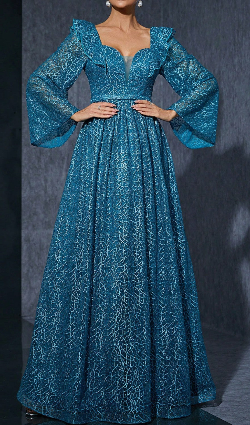 Divya Blue V-Neck Long Sleeve Maxi Dress