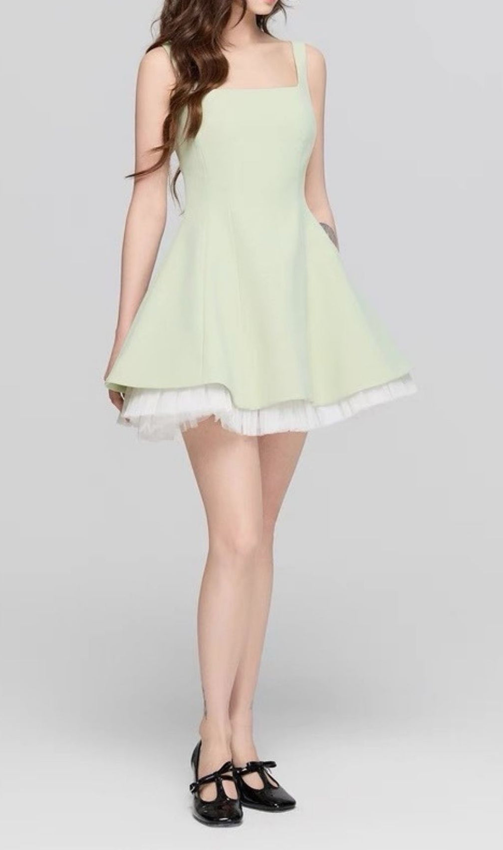 Karlie Chic Sage Green Square Neck Fit & Flare Mini Dress