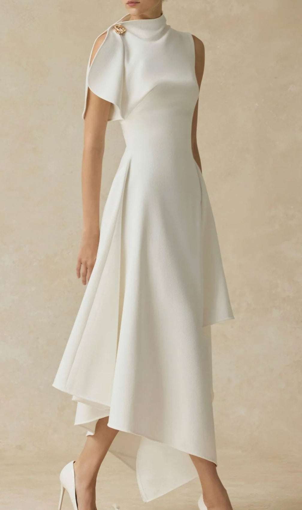 Kessie Chic White Asymmetrical Hem High-Neck Maxi Dress with Draped Shoulder