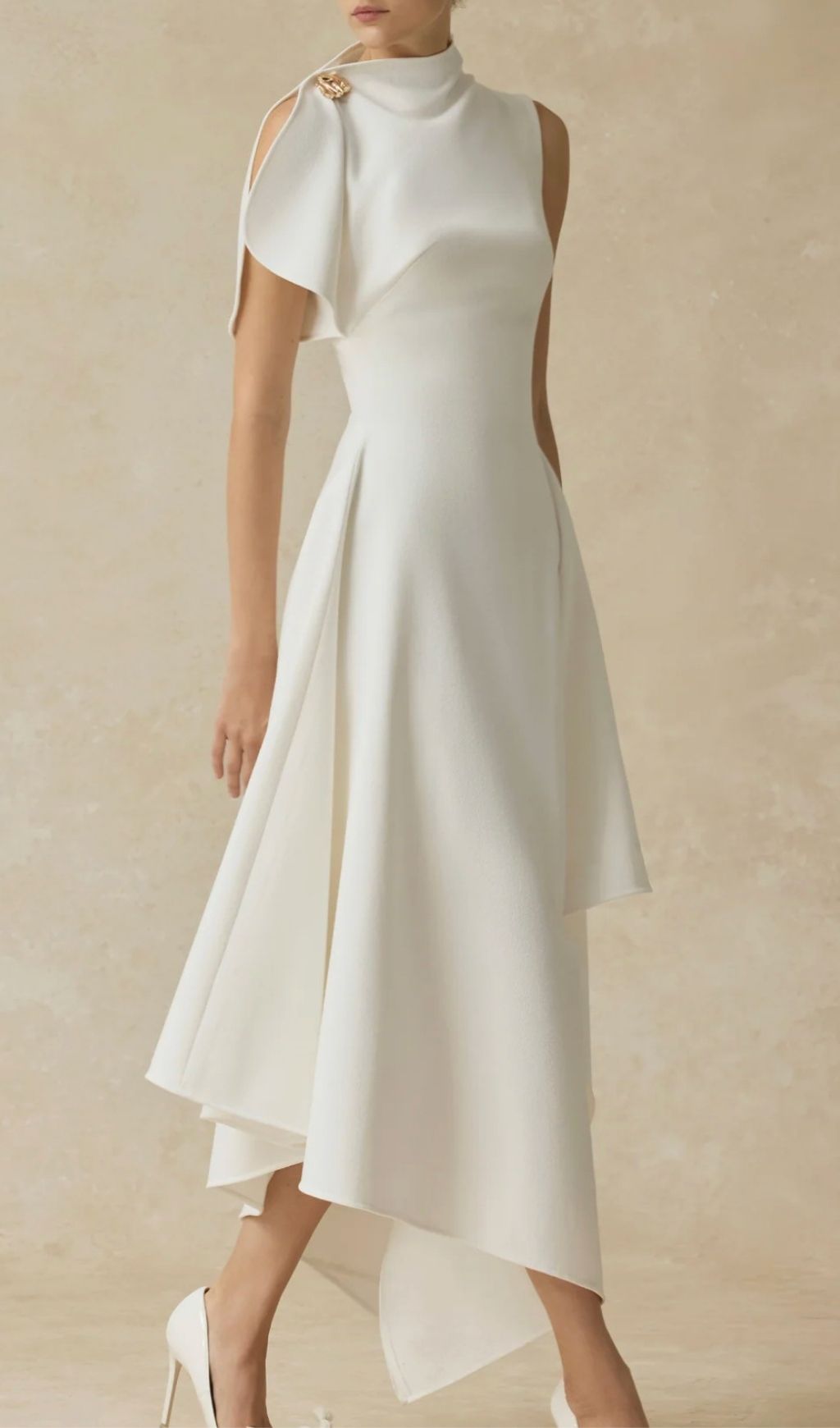 Kessie Chic White Asymmetrical Hem High-Neck Maxi Dress with Draped Shoulder