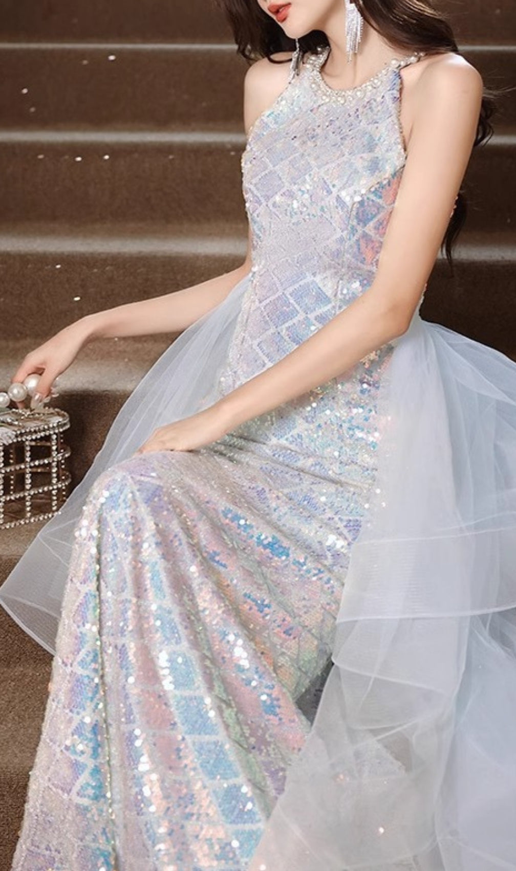 Cosette Halter Sequin Mesh Maxi Dress