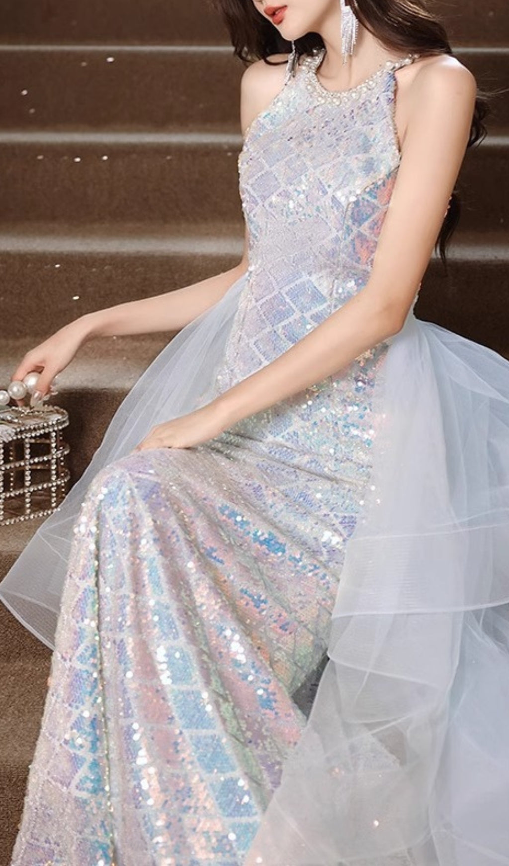 Cosette Halter Sequin Mesh Maxi Dress