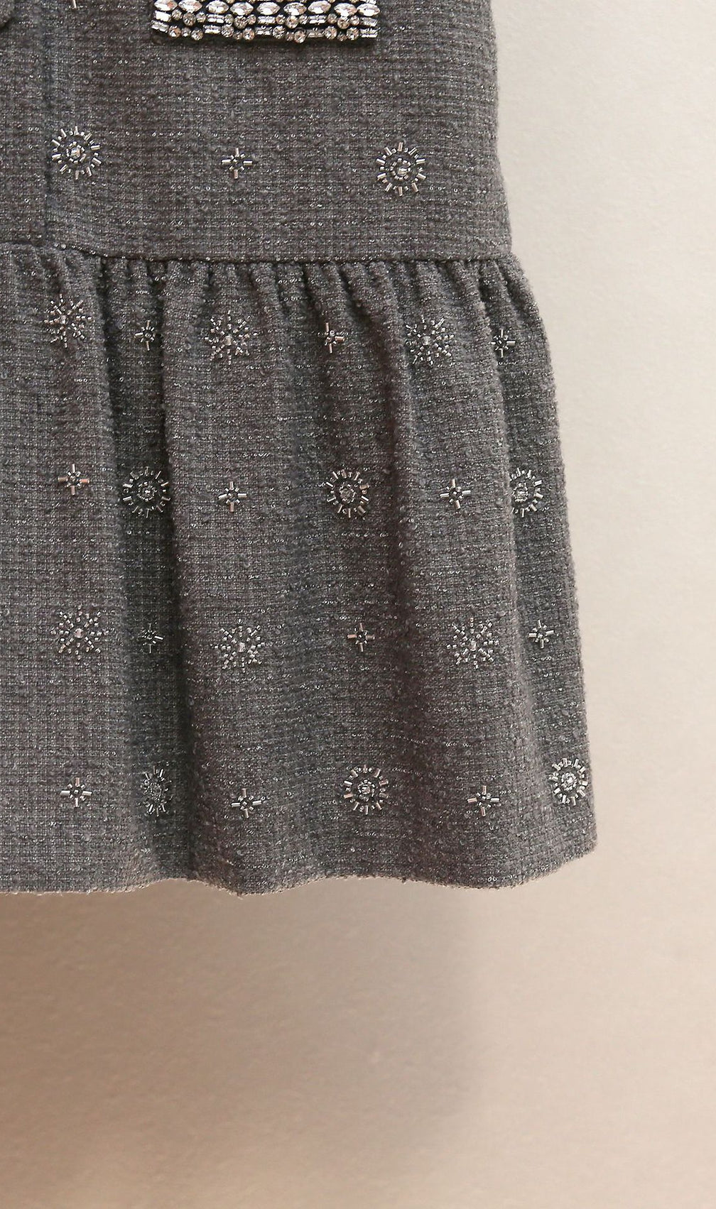 Hasana Sparkling Grey Tweed Sleeveless Mini Dress with Crystal Embellishments