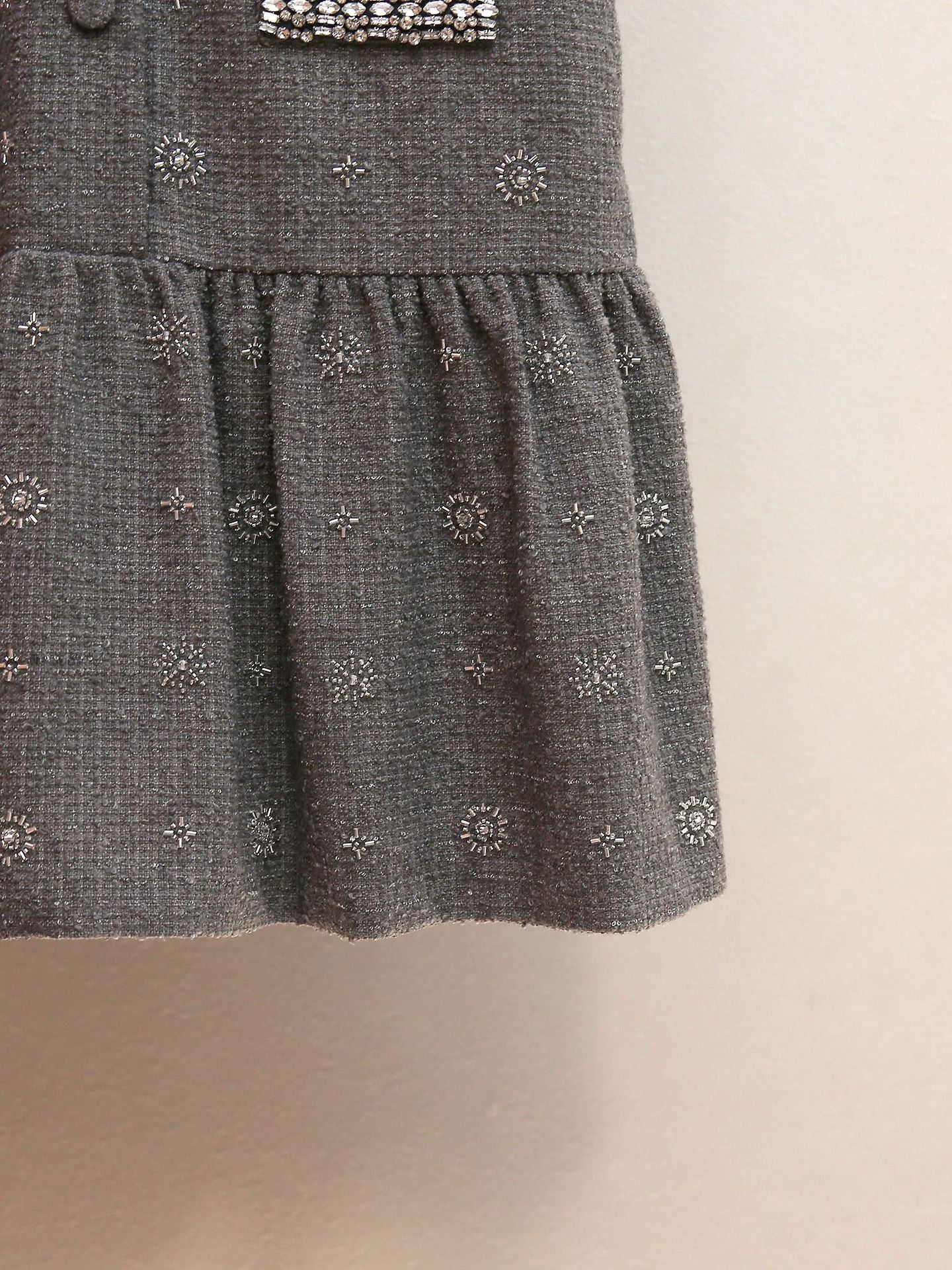 Hasana Sparkling Grey Tweed Sleeveless Mini Dress with Crystal Embellishments