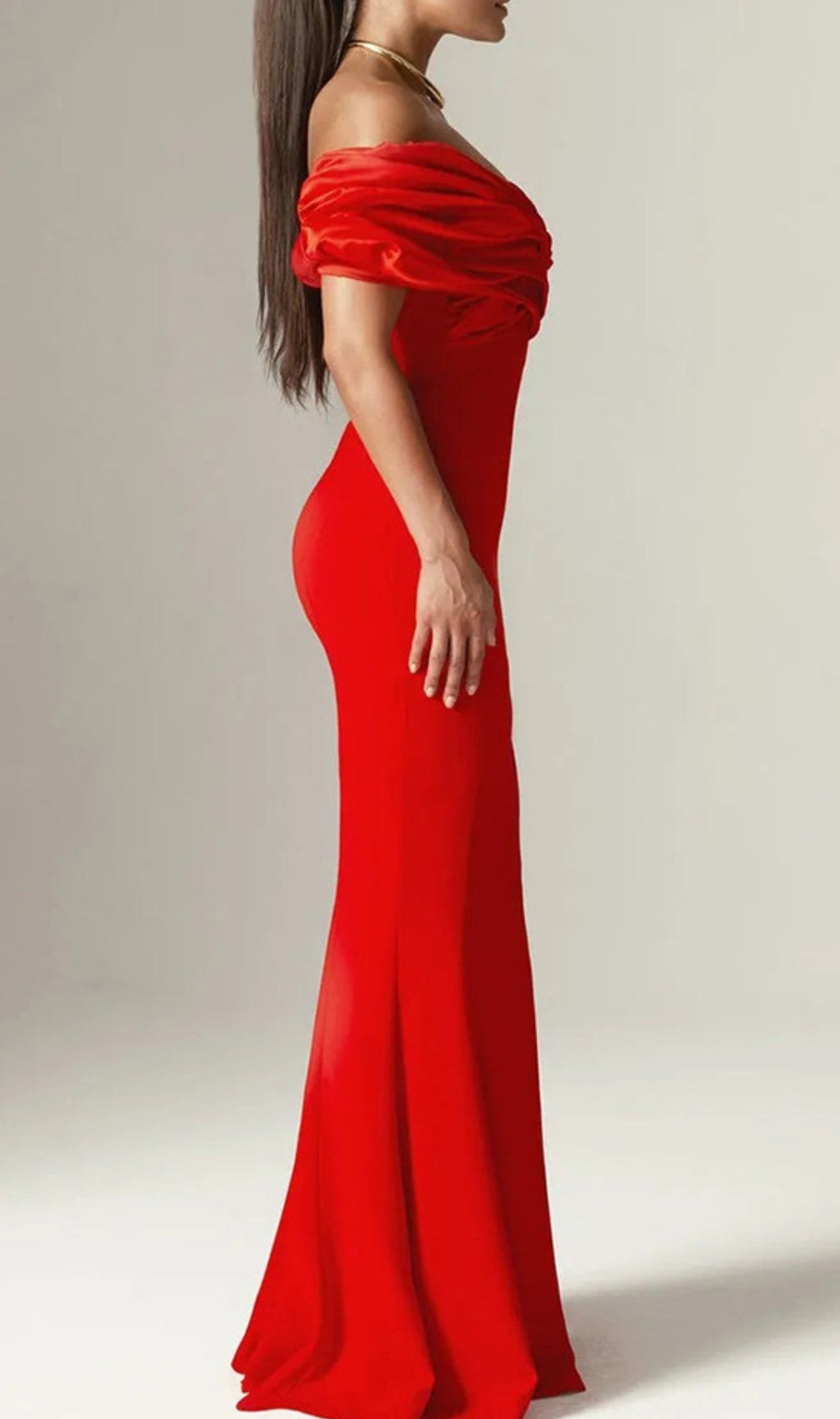 Jonilde Glamorous Red Off-Shoulder Maxi Dress with High Slit