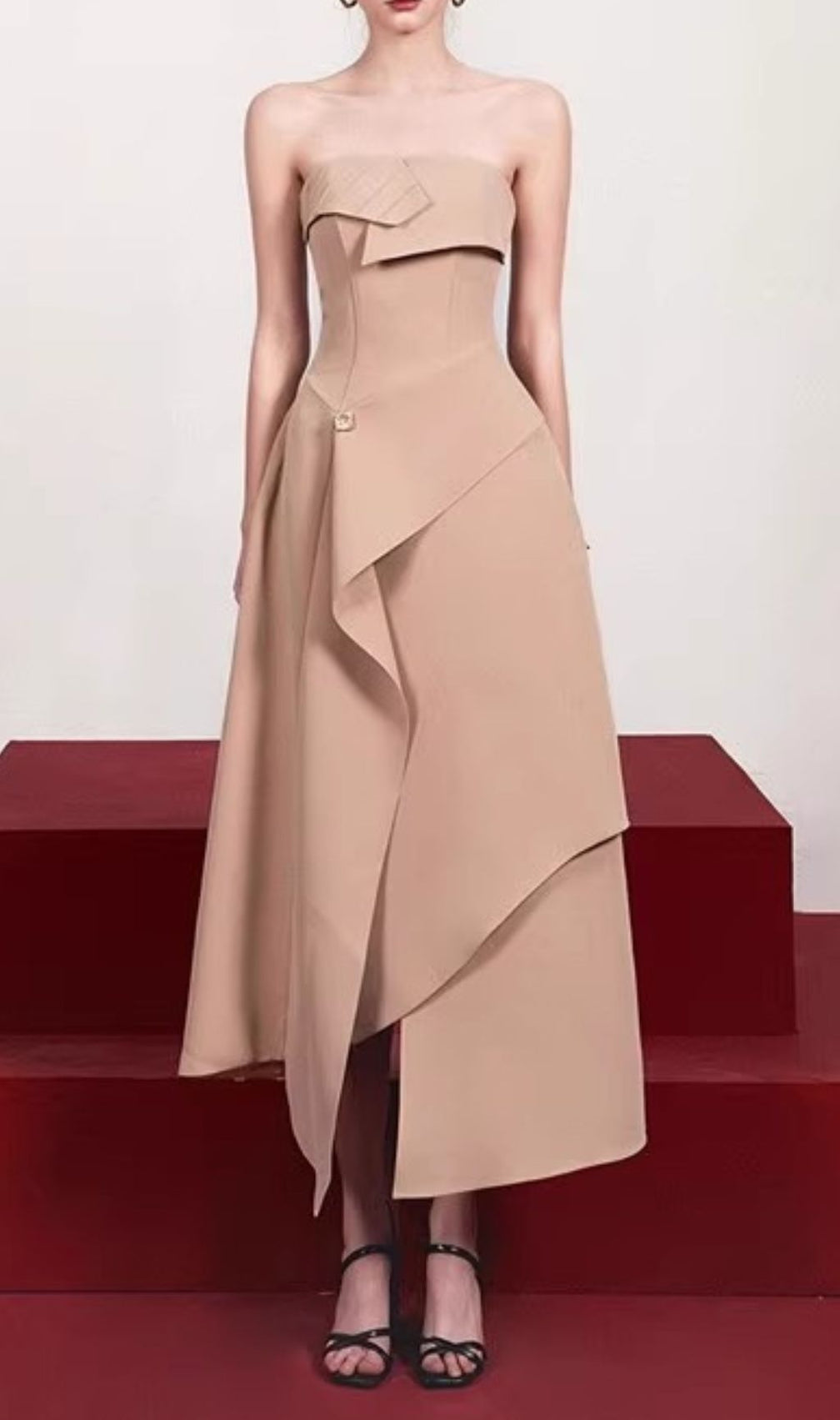 Jasmin Strapless Midi Dress: Chic Asymmetric Design for Modern Elegance