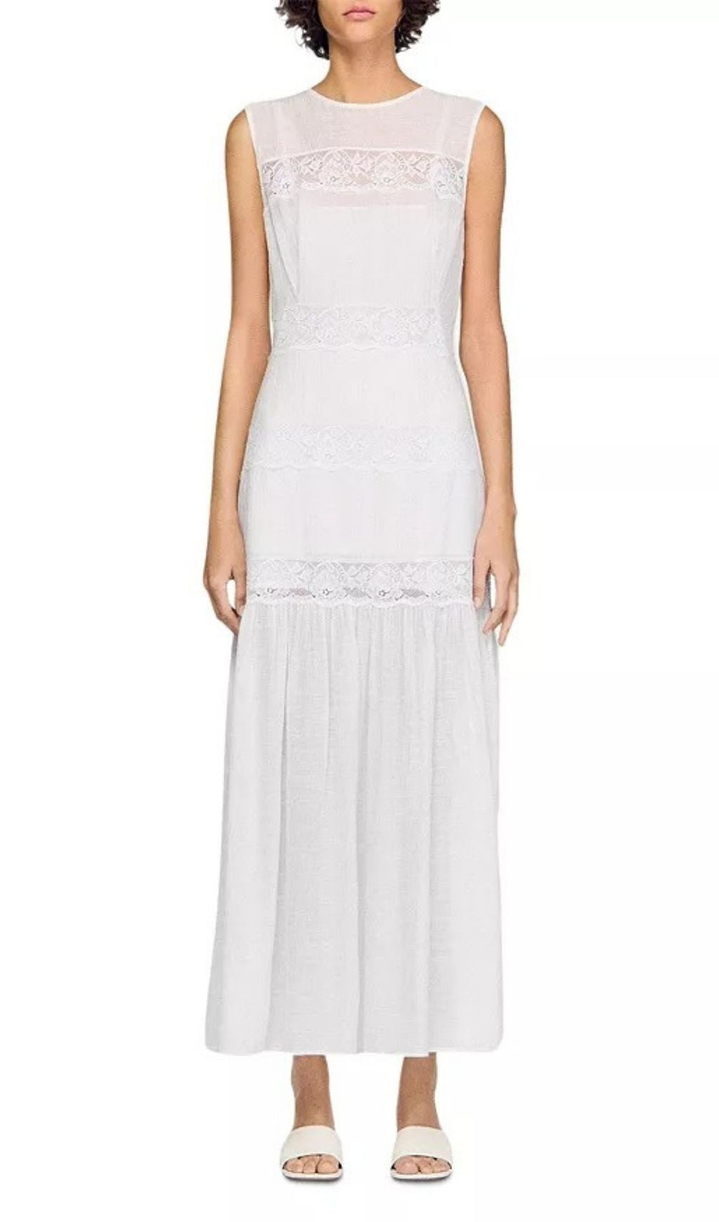 Summer Elegance: White Crepon Maxi Dress with Delicate Lace Trim