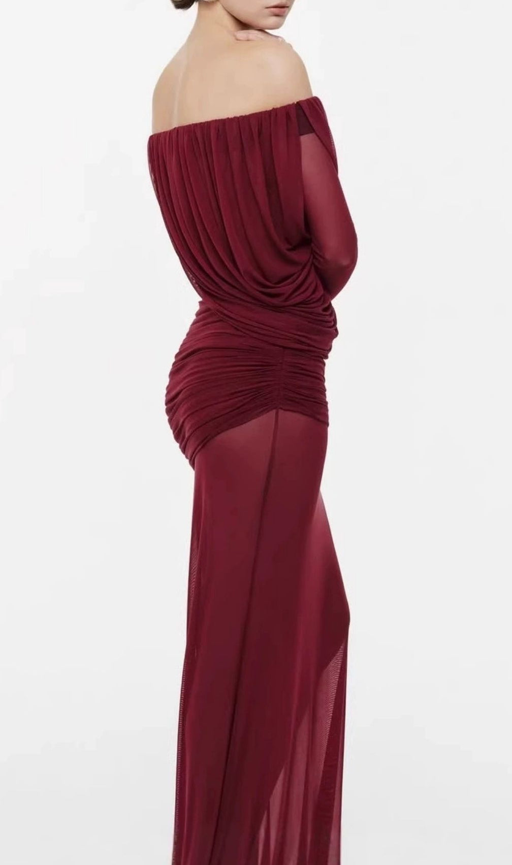 Keely Elegant Off-Shoulder Long Sleeve Mesh Maxi Dress | Evening Gala Gown