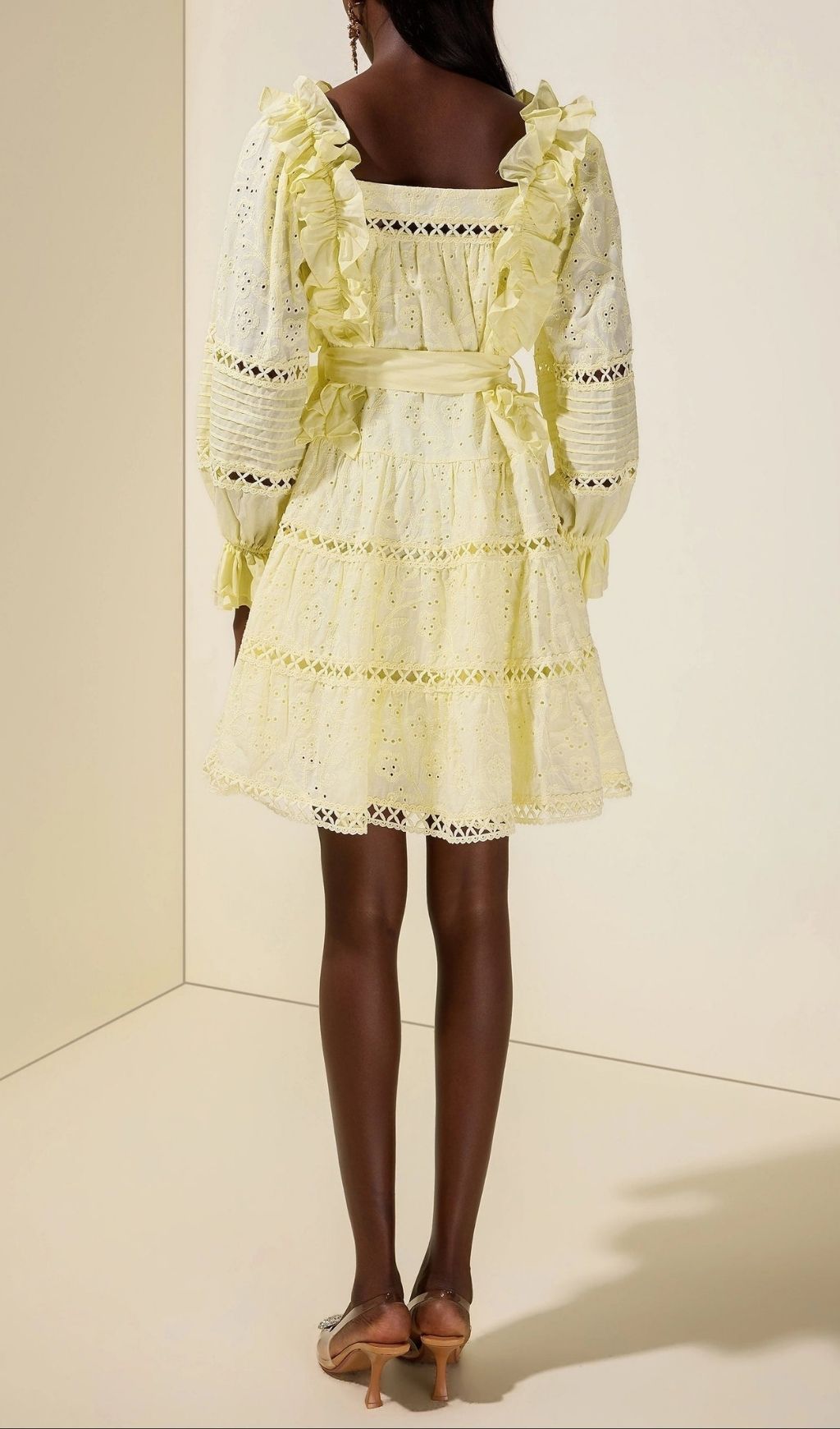 Victoria Embroidered Hollow Ruffle Mini Dress - Yellow