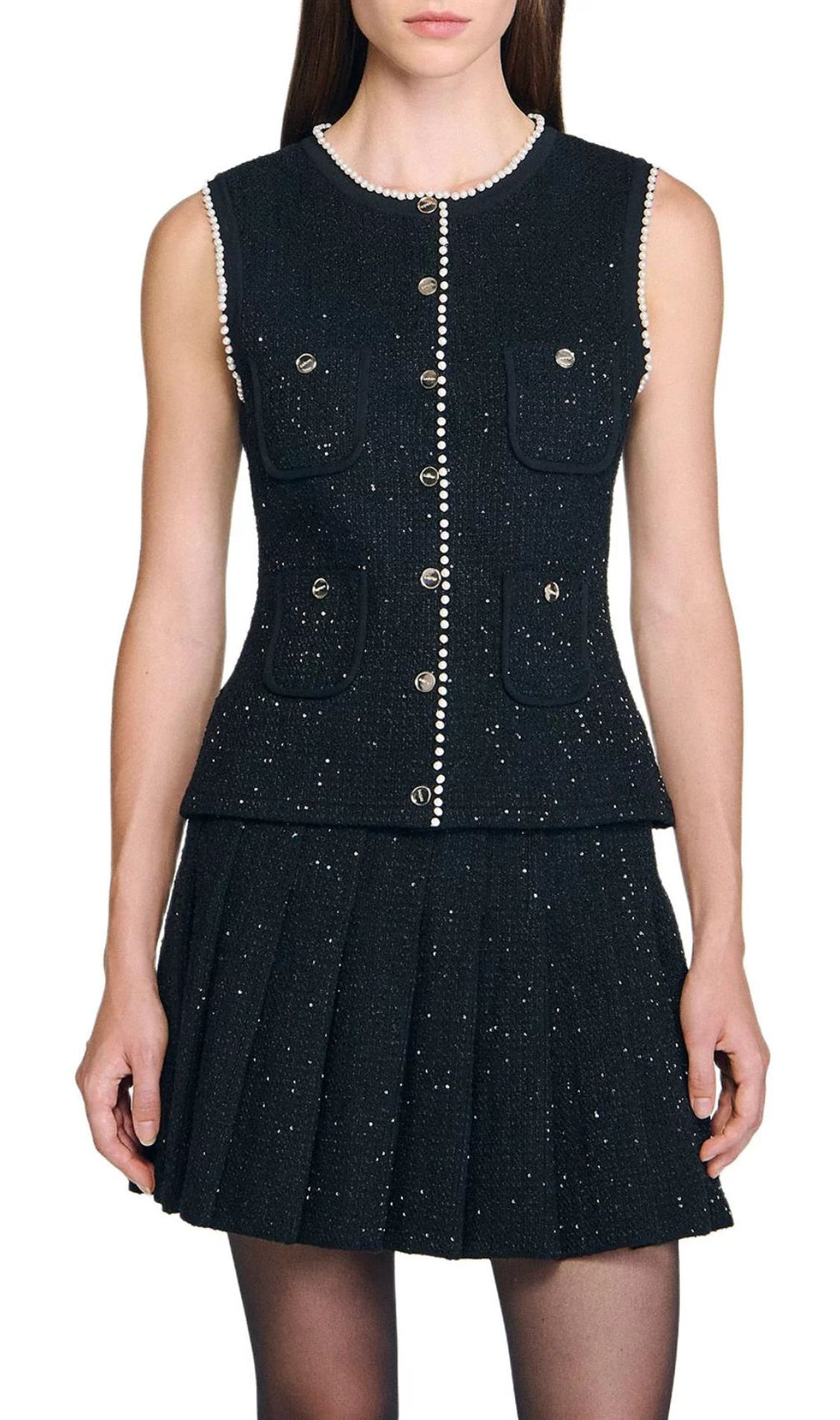 Chic Black Sparkle Tweed Sleeveless Vest Top with Pearl Buttons