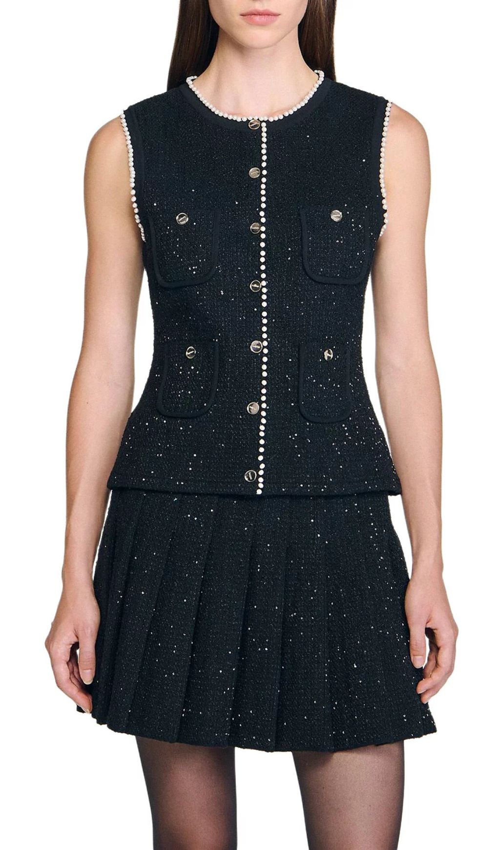 Chic Black Sparkle Tweed Sleeveless Vest Top with Pearl Buttons