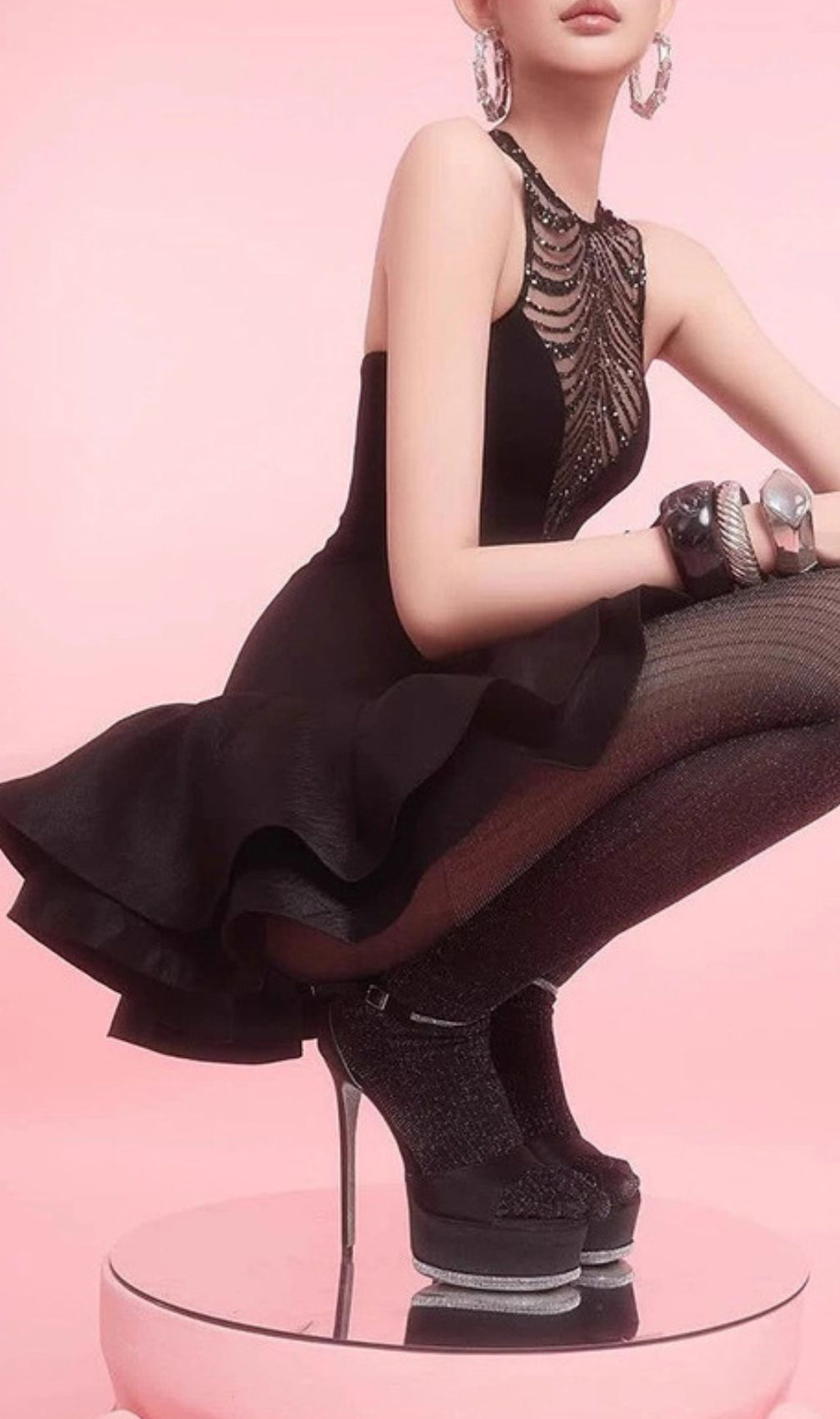 Issa Black Sparkle Mesh Halter Mini Dress