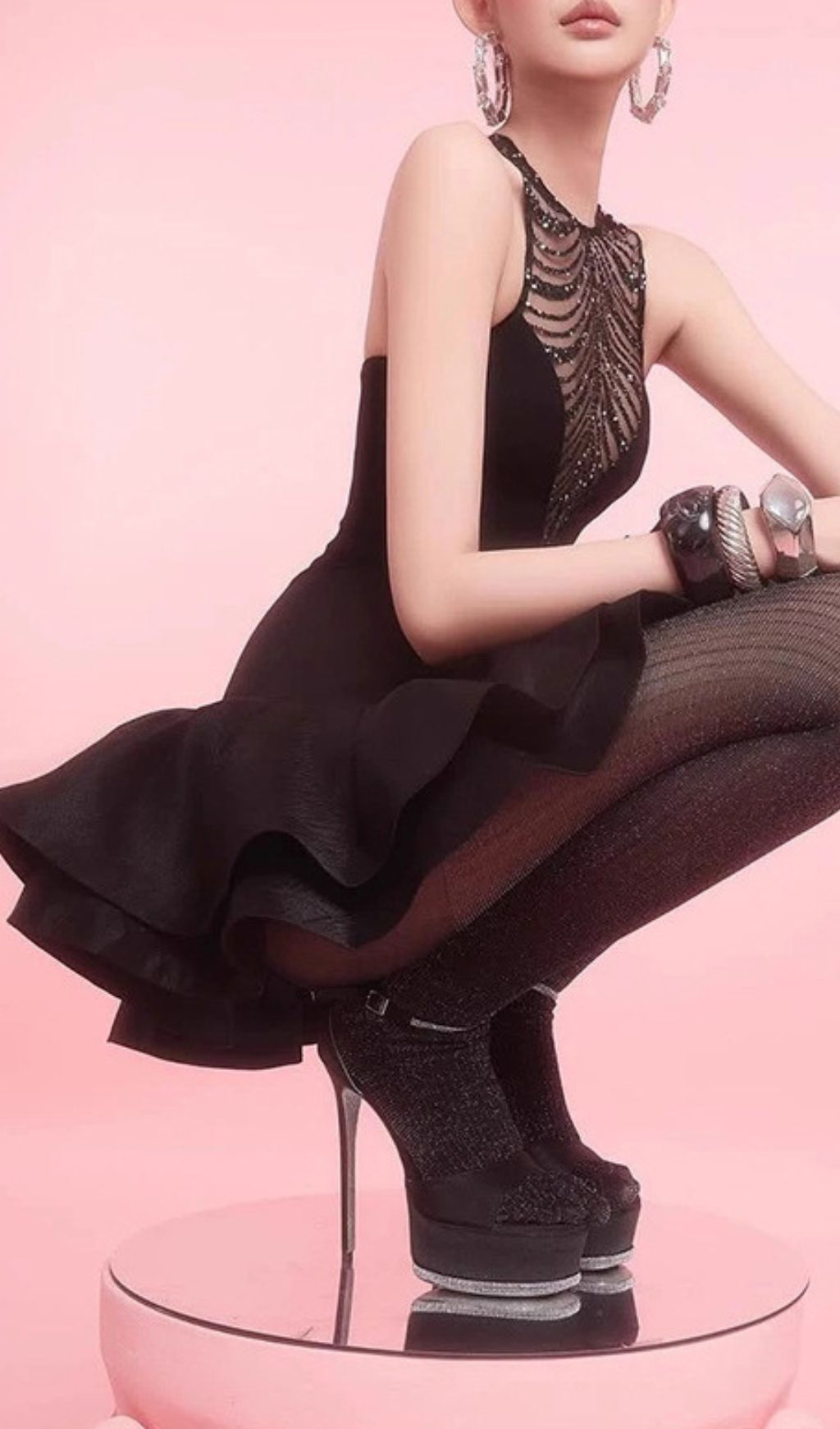 Issa Black Sparkle Mesh Halter Mini Dress