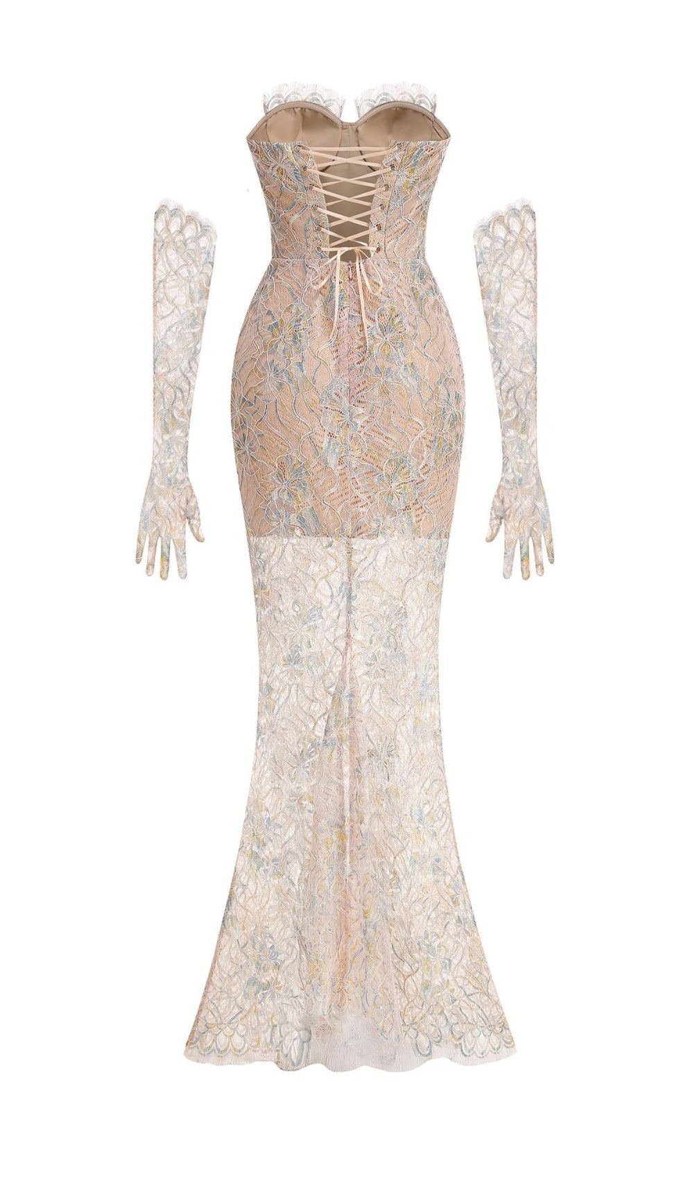 Javion Enchanting Strapless Floral Lace Gown with Opera Gloves