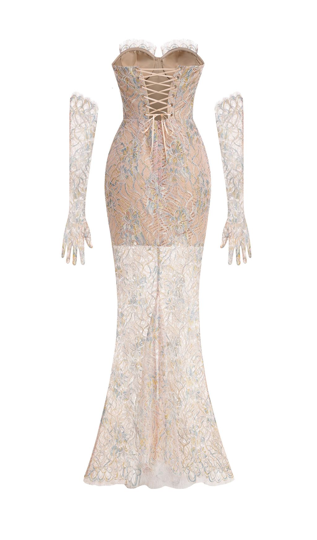 Javion Enchanting Strapless Floral Lace Gown with Opera Gloves