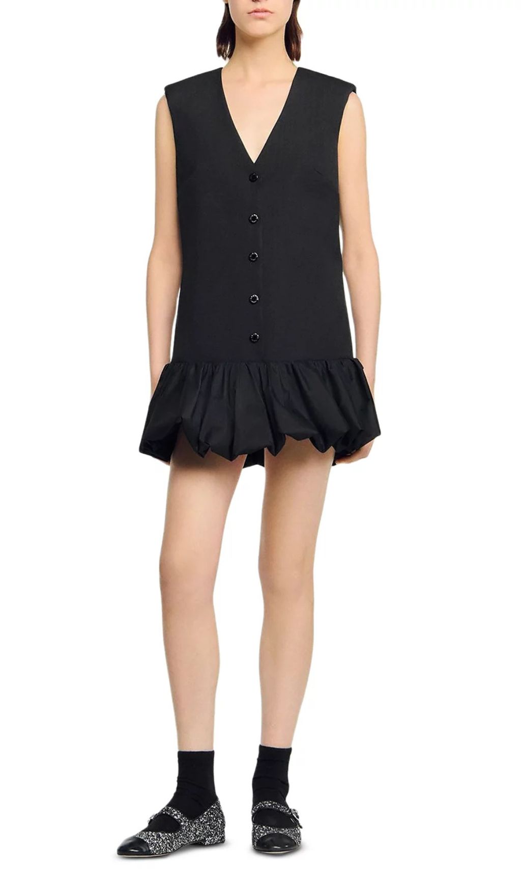Chic V-Neck Button-Front Bubble Hem Mini Dress