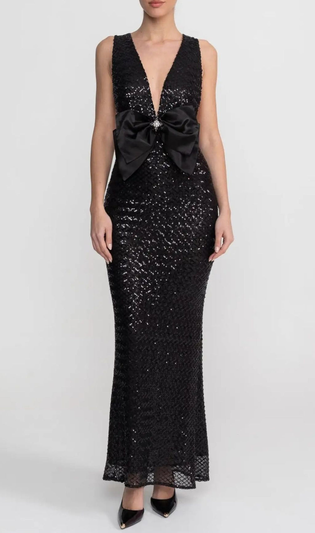 Sequin Maxi Dress With Satin Bow Detail - Black