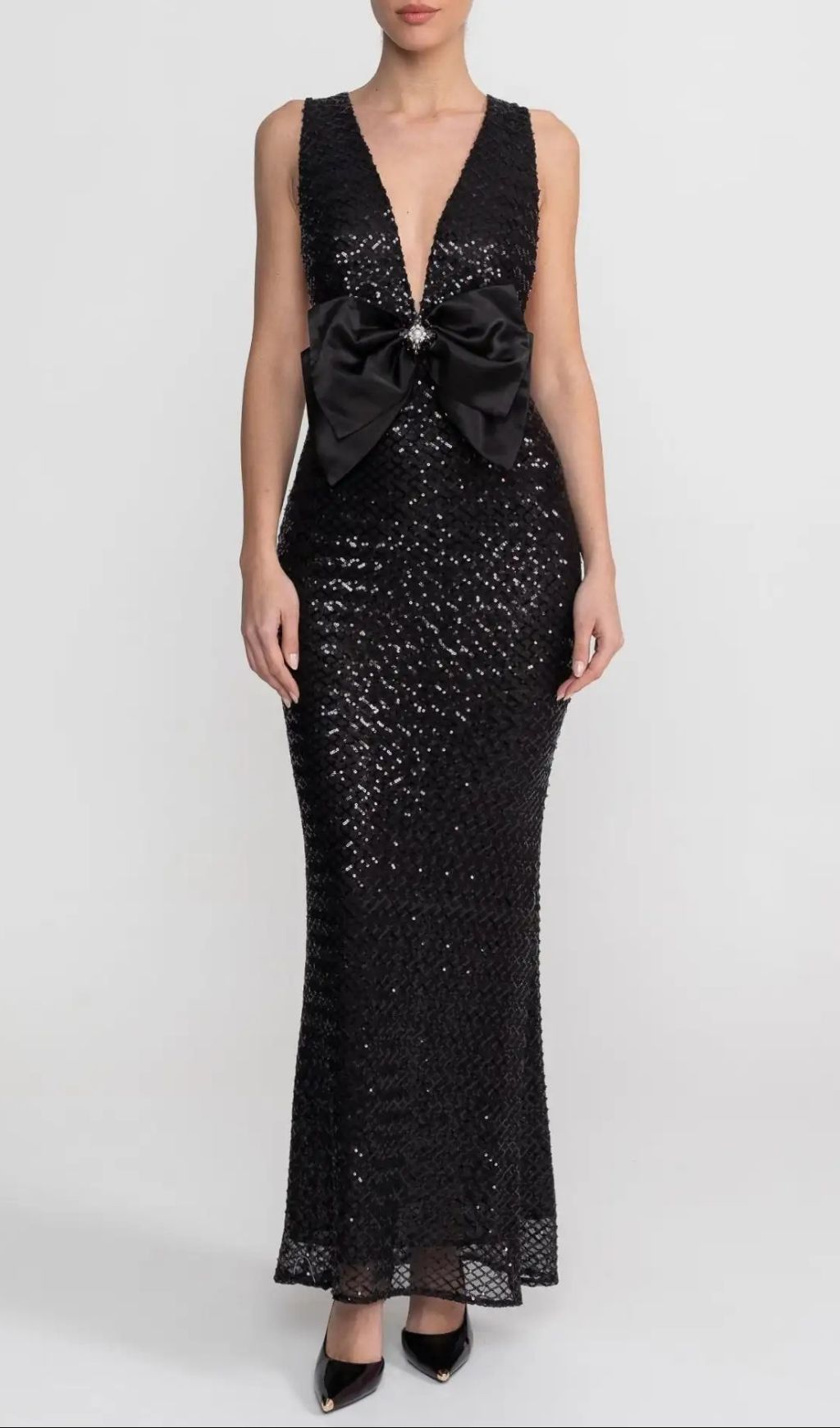 Sequin Maxi Dress With Satin Bow Detail - Black
