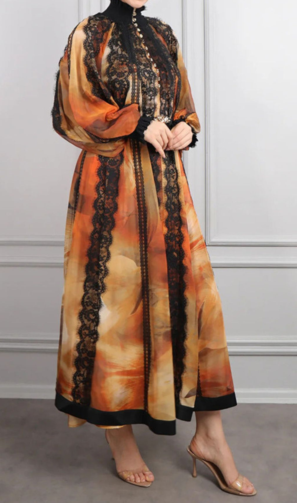 Elegant Imari Lace & Print Midi Dress | Romantic Long Sleeve Women's Gown