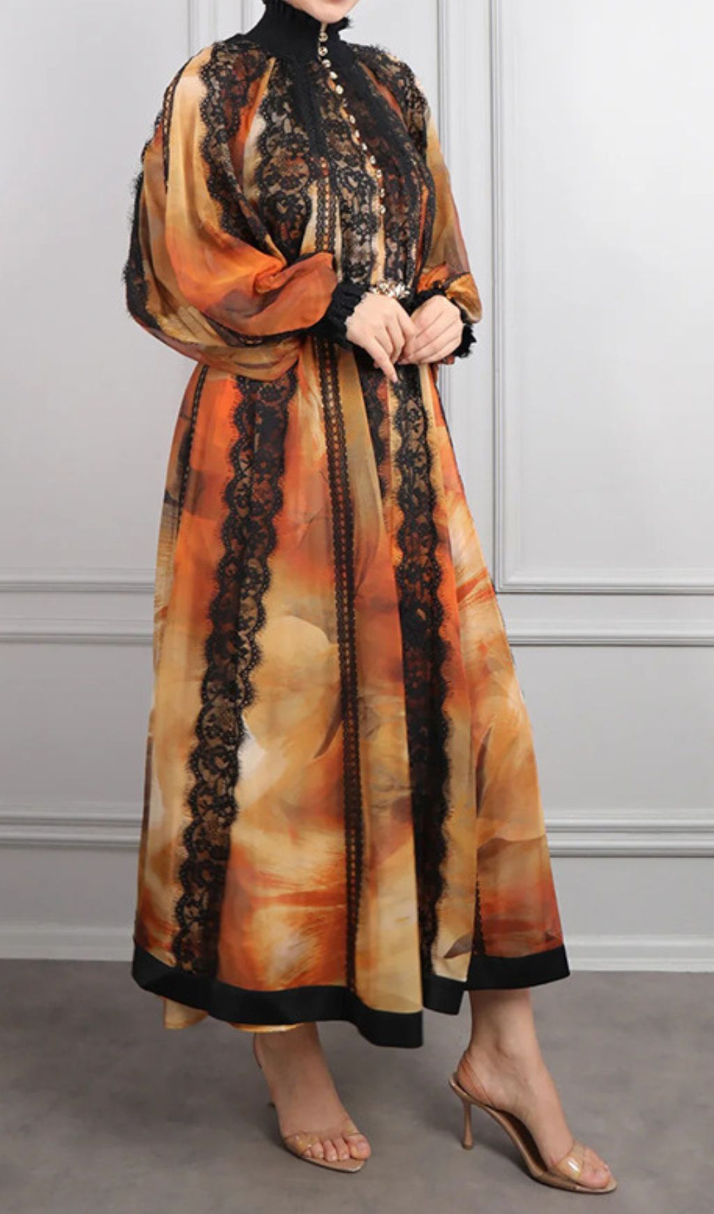 Elegant Imari Lace & Print Midi Dress | Romantic Long Sleeve Women's Gown