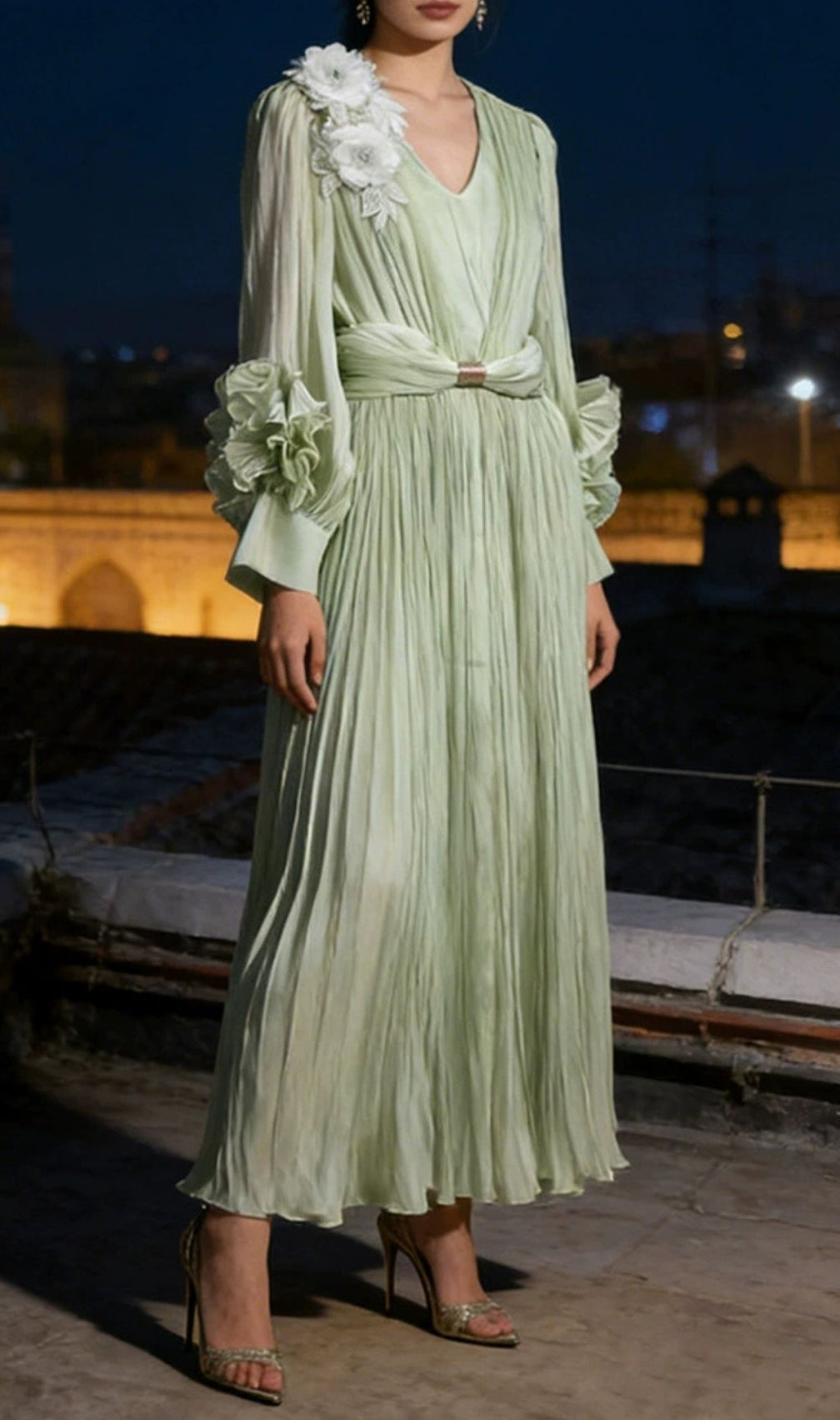 Khadija Elegant Sage Green Floral Pleated Maxi Dress