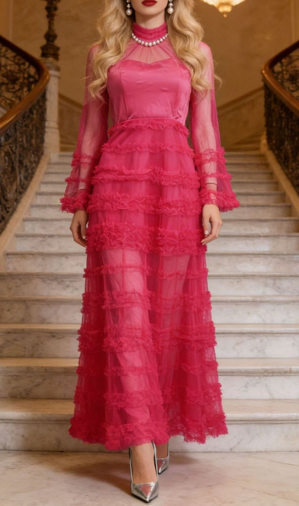 Kevlyn Hot Pink Tiered Ruffle Maxi Dress - Sheer Mesh Long Sleeve Gown