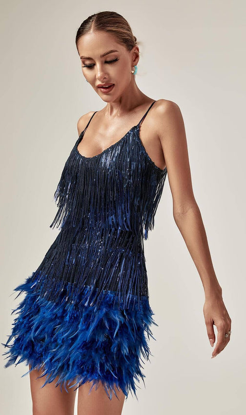 Tassel Feather Mini Dress In Royal Blue